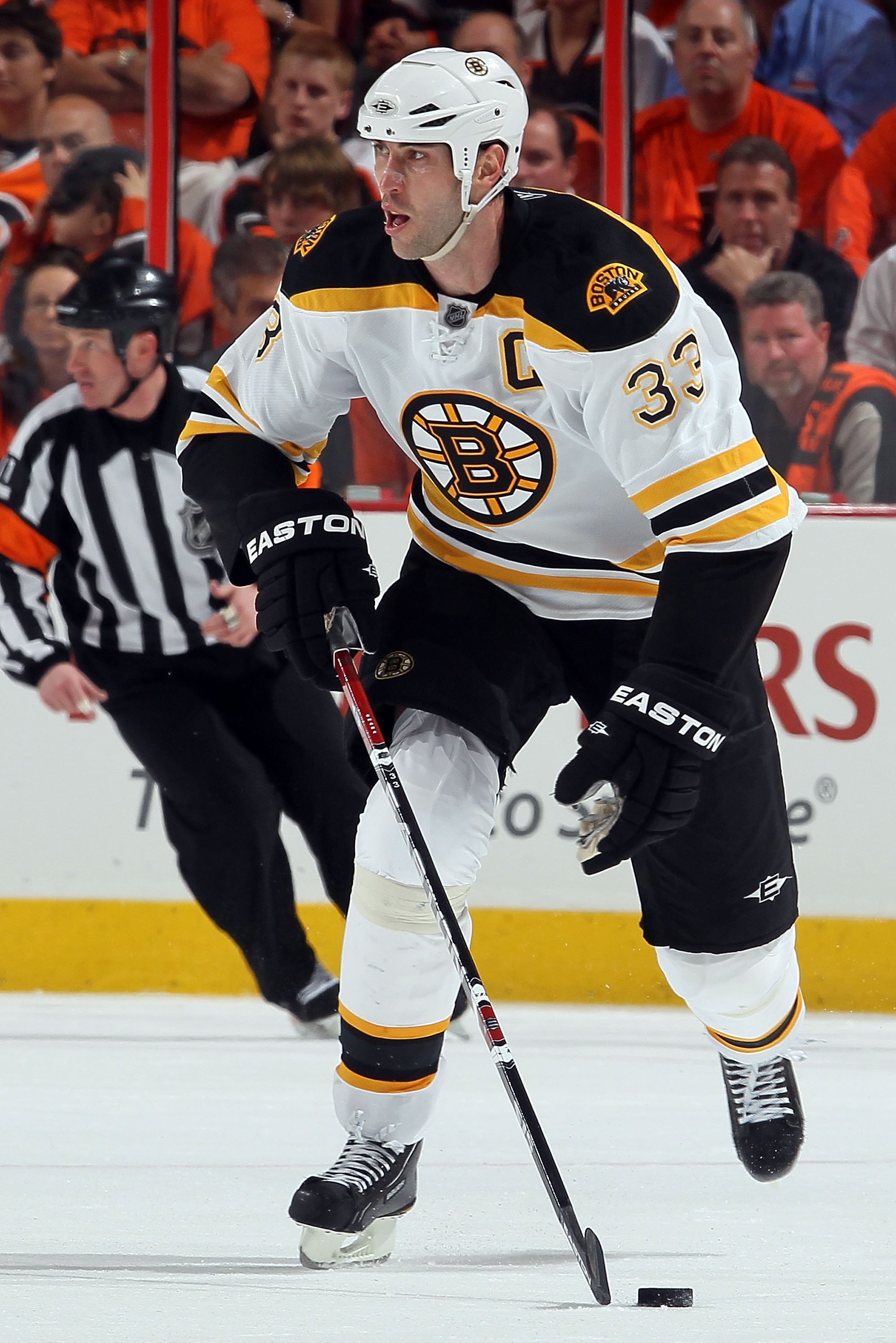 PHILADELPHIA - MAY 05:  Zdeno Chara #33 of the Boston Bruins skates against the Philadelphia Flyers in Game Three of the Eastern Conference Semifinals during the 2010 NHL Stanley Cup Playoffs at the Wachovia Center on May 5, 2010 in Philadelphia, Pennsylv