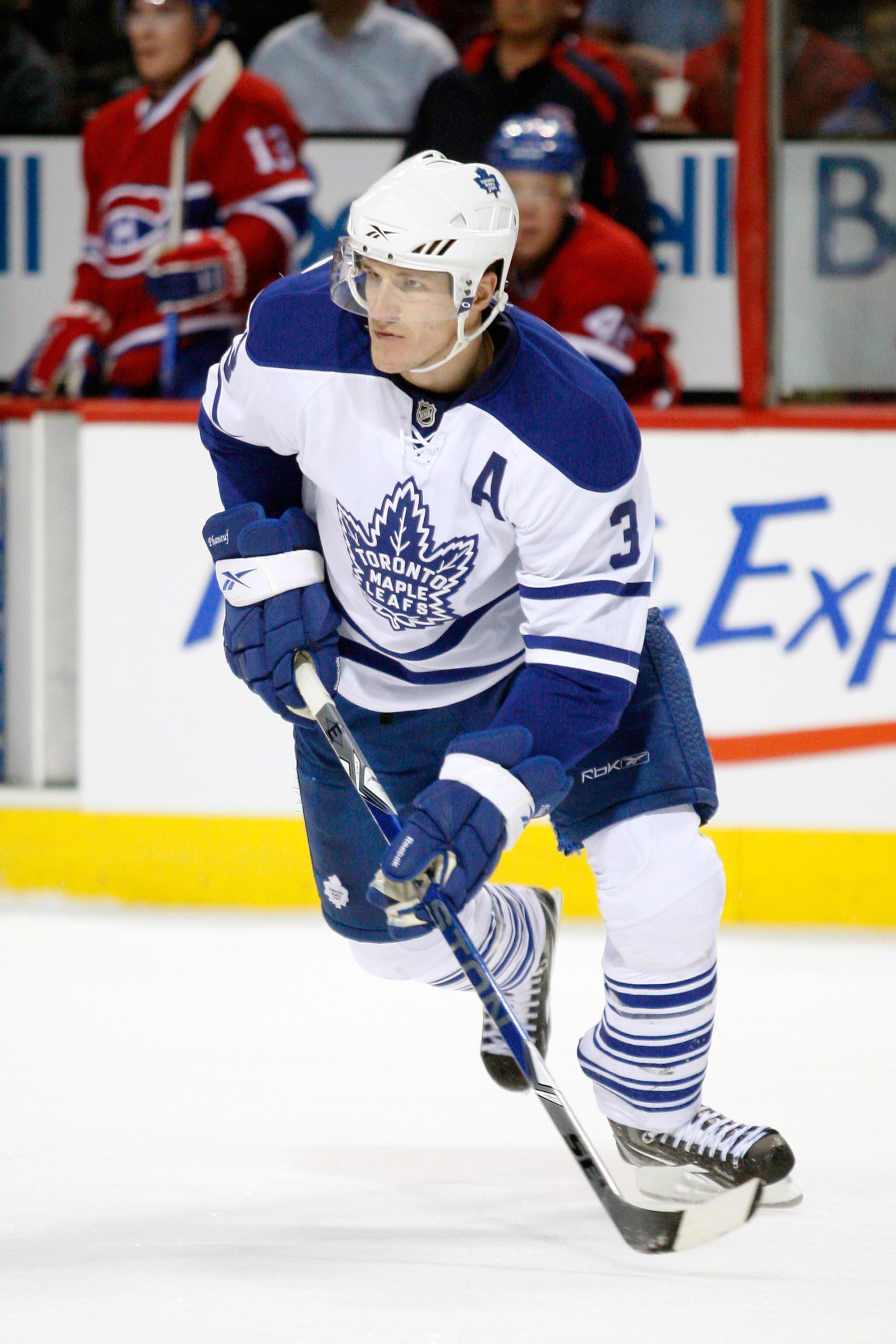 MONTREAL- APRIL 10:  Dion Phaneuf #3 of the Toronto Maple Leafs skates during the NHL game against the Montreal Canadiens on April 10, 2010 at the Bell Centre in Montreal, Quebec, Canada.  The Maple Leafs defeated the Canadiens 4-3 in overtime.  (Photo by