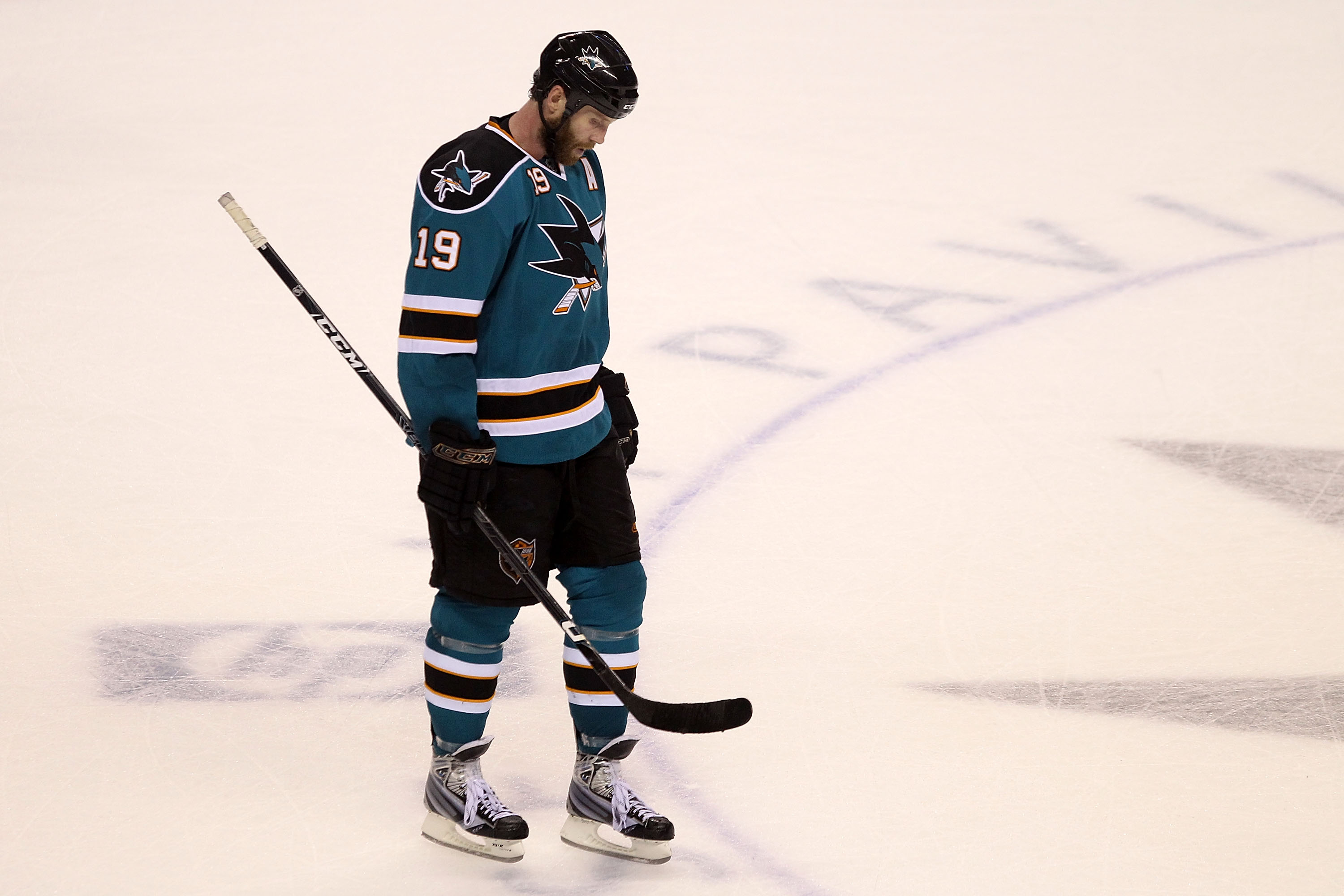 SAN JOSE, CA - MAY 18:  Joe Thornton #19 of the San Jose Sharks looks down late in the third period before losing to the Chicago Blackhawks 4-2 in Game Two of the Western Conference Finals during the 2010 NHL Stanley Cup Playoffs at HP Pavilion on May 18,