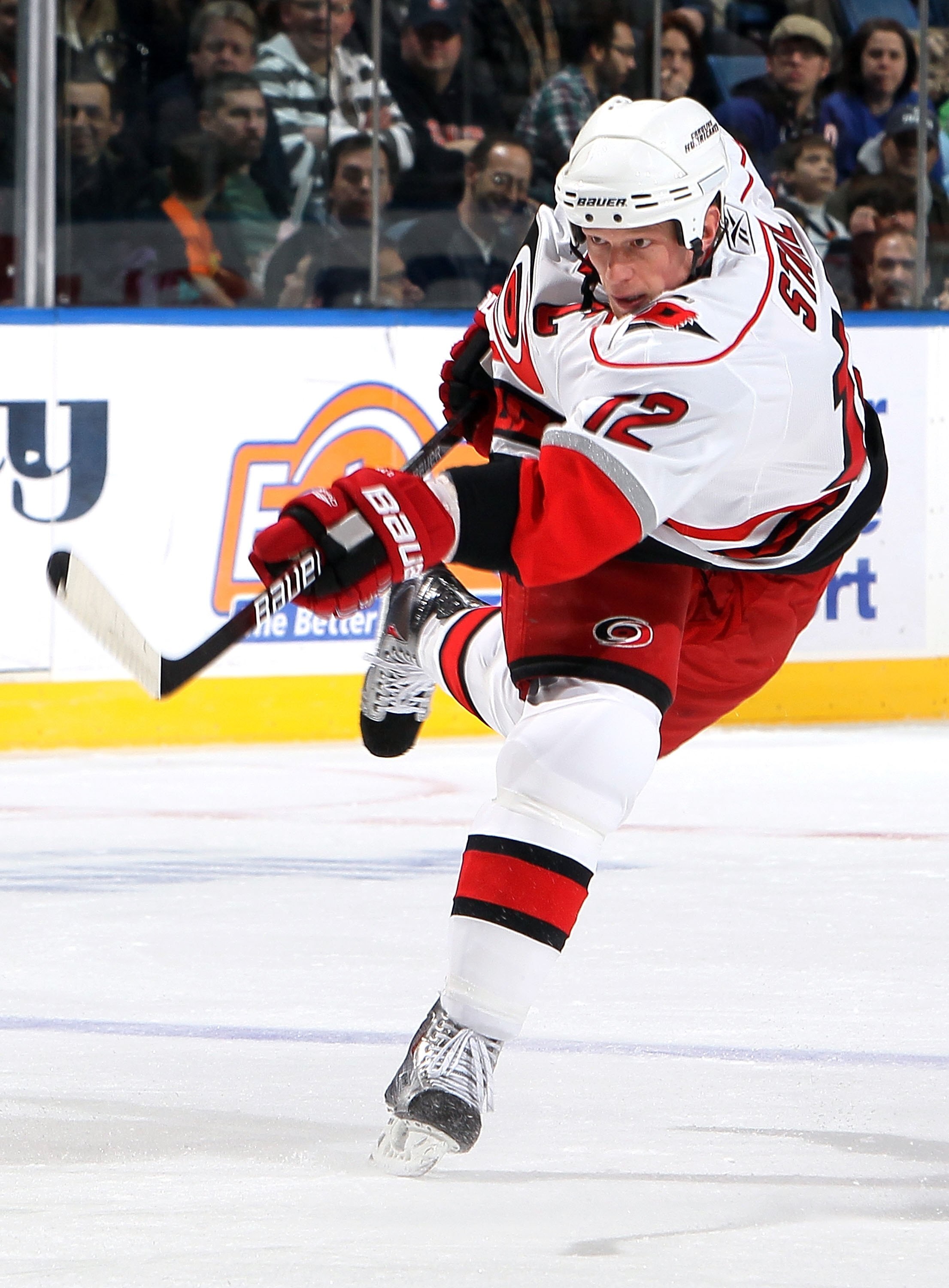 UNIONDALE, NY - FEBRUARY 06:  Eric Staal #12 of the Carolina Hurricanes skates against the New York Islanders on February 6, 2010 at Nassau Coliseum in Uniondale, New York.  (Photo by Jim McIsaac/Getty Images)