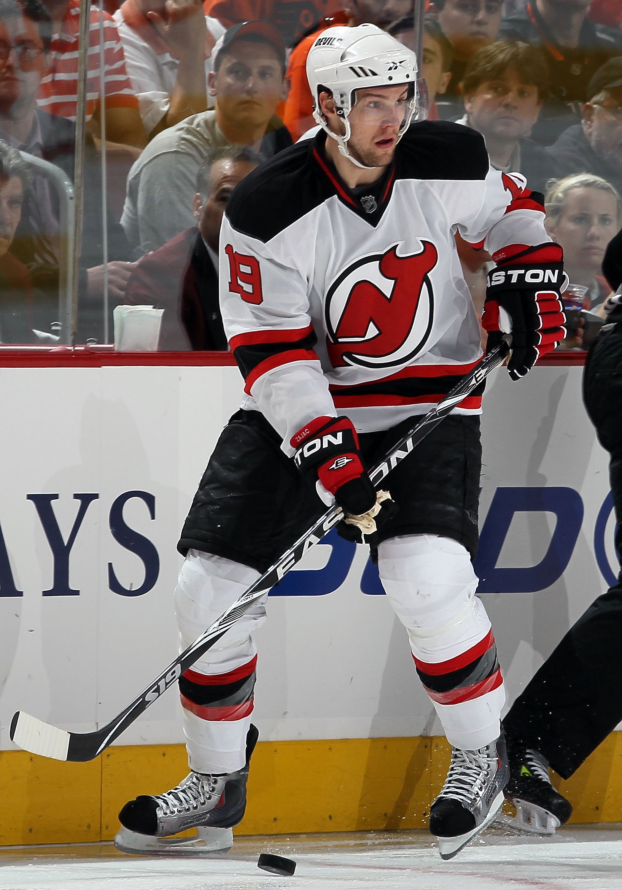 PHILADELPHIA - APRIL 20:  Travis Zajac #19 of the New Jersey Devils skates against the Philadelphia Flyers in Game Four of the Eastern Conference Quarterfinals during the 2010 NHL Stanley Cup Playoffs at the Wachovia Center on April 20, 2010 in Philadelph