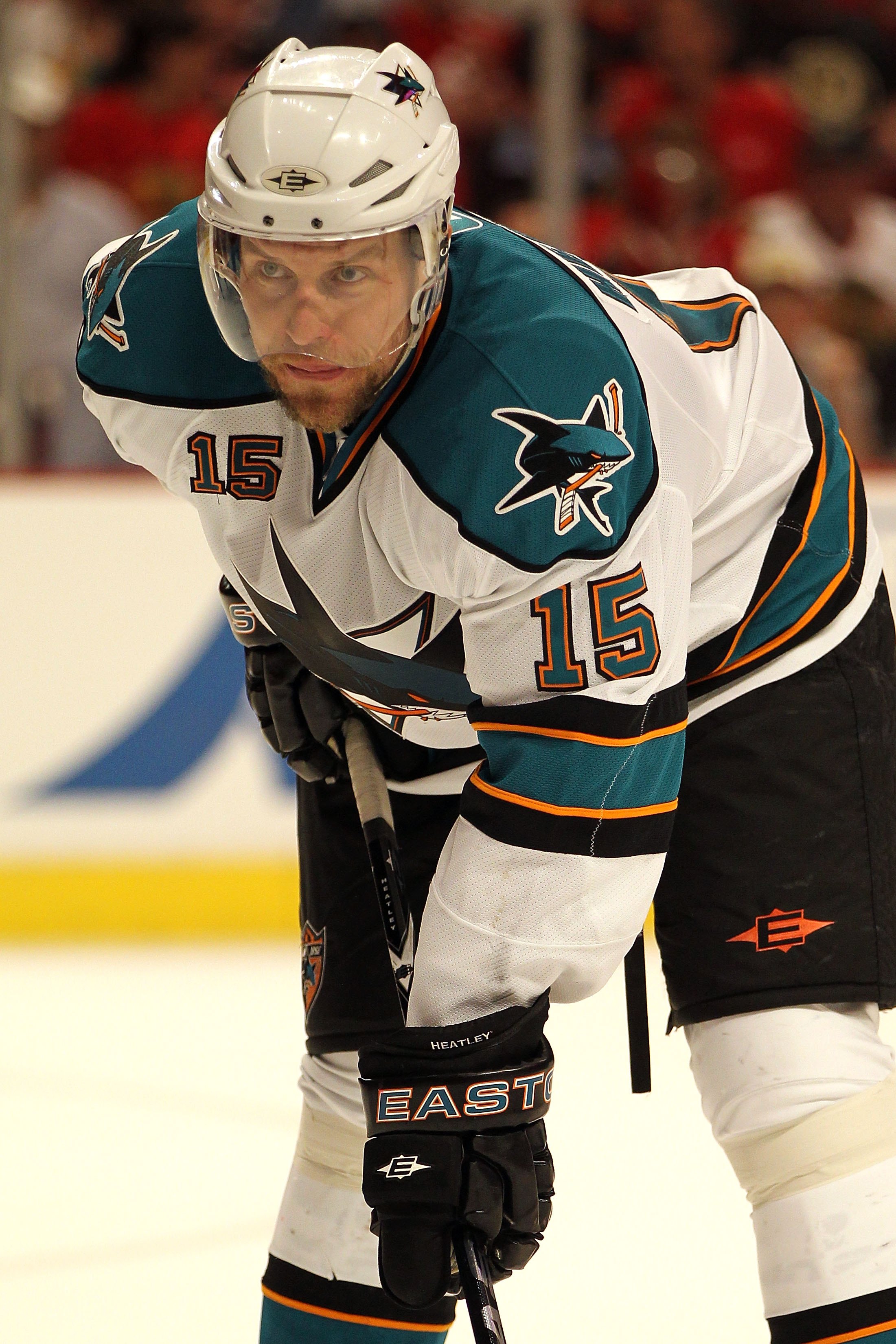 CHICAGO - MAY 23:  Dany Heatley #15 of the San Jose Sharks looks on while taking on the Chicago Blackhawks in Game Four of the Western Conference Finals during the 2010 NHL Stanley Cup Playoffs at the United Center on May 23, 2010 in Chicago, Illinois.  (
