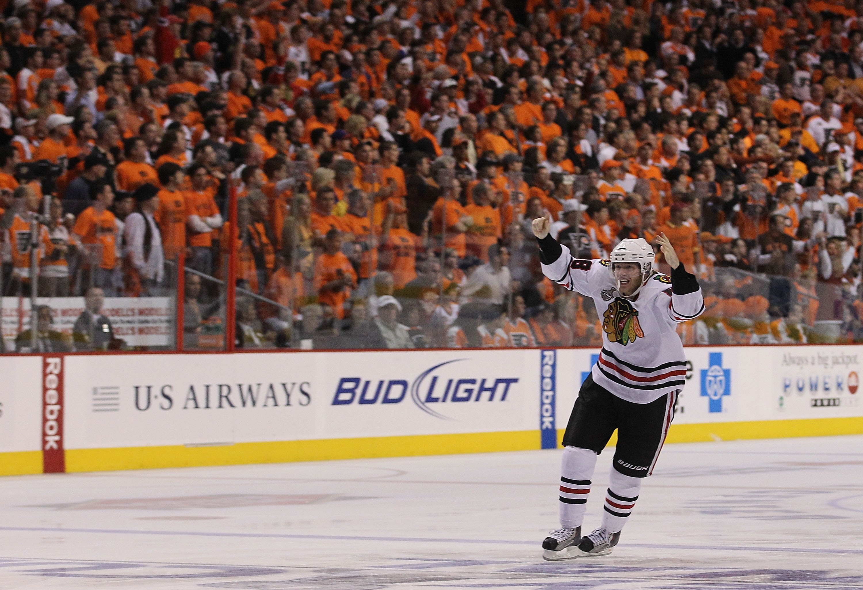 PHILADELPHIA - JUNE 09: Patrick Kane #88 of the Chicago Blackhawks celebrates after scoring the game winning goal in overtime as the Blackhawks defeated the Philadelphia Flyers 4-3 to win the Stanley Cup in Game Six of the 2010 NHL Stanley Cup Final at th