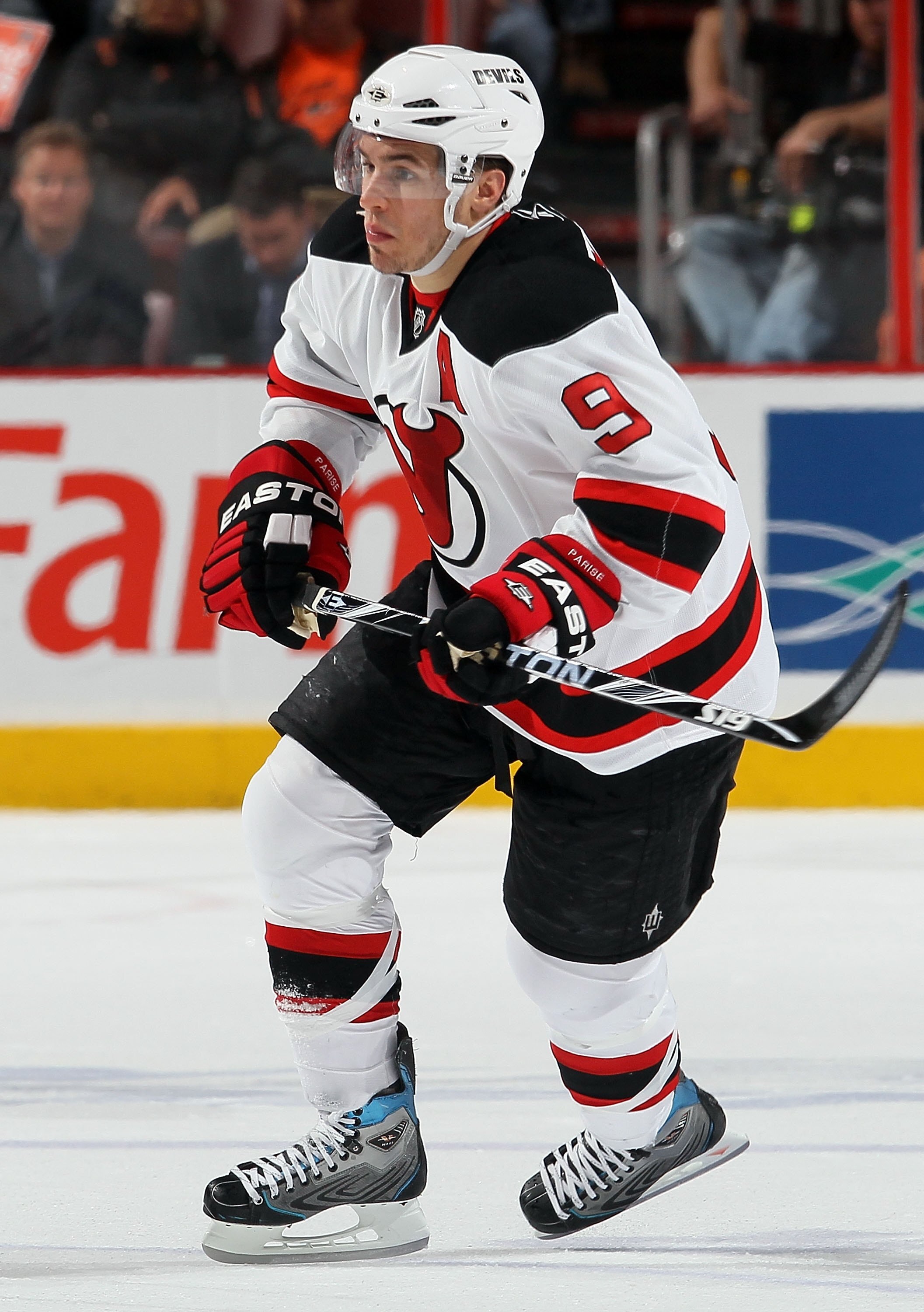 PHILADELPHIA - APRIL 20:  Zach Parise #9 of the New Jersey Devils skates against of the Philadelphia Flyers in Game Four of the Eastern Conference Quarterfinals during the 2010 NHL Stanley Cup Playoffs at the Wachovia Center on April 20, 2010 in Philadelp