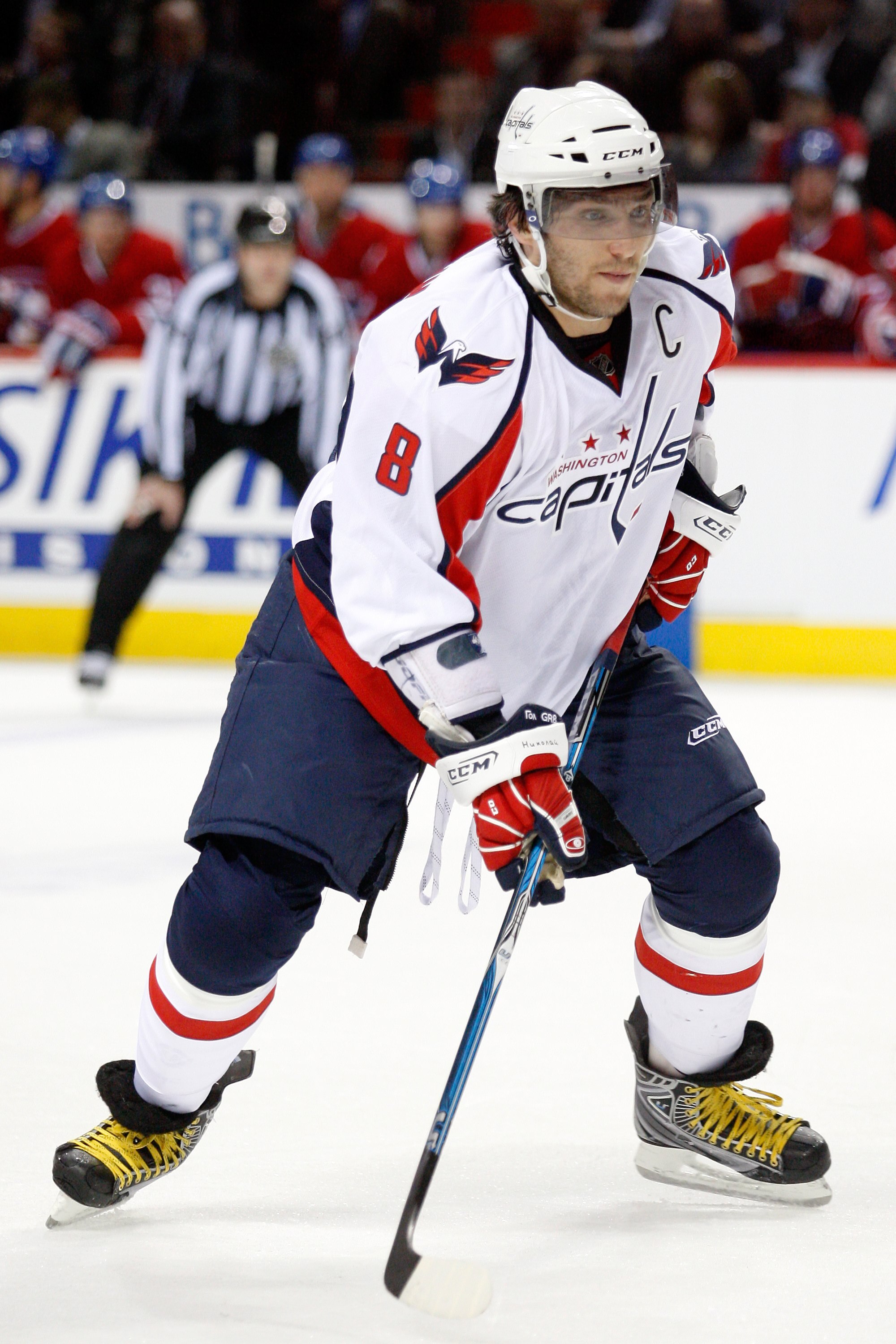 MONTREAL- APRIL 19:  Alex Ovechkin #8 of the Washington Capitals skates in Game Three of the Eastern Conference Quarterfinals against the Montreal Canadiens during the 2010 NHL Stanley Cup Playoffs at the Bell Centre on April 19, 2010 in Montreal, Quebec,