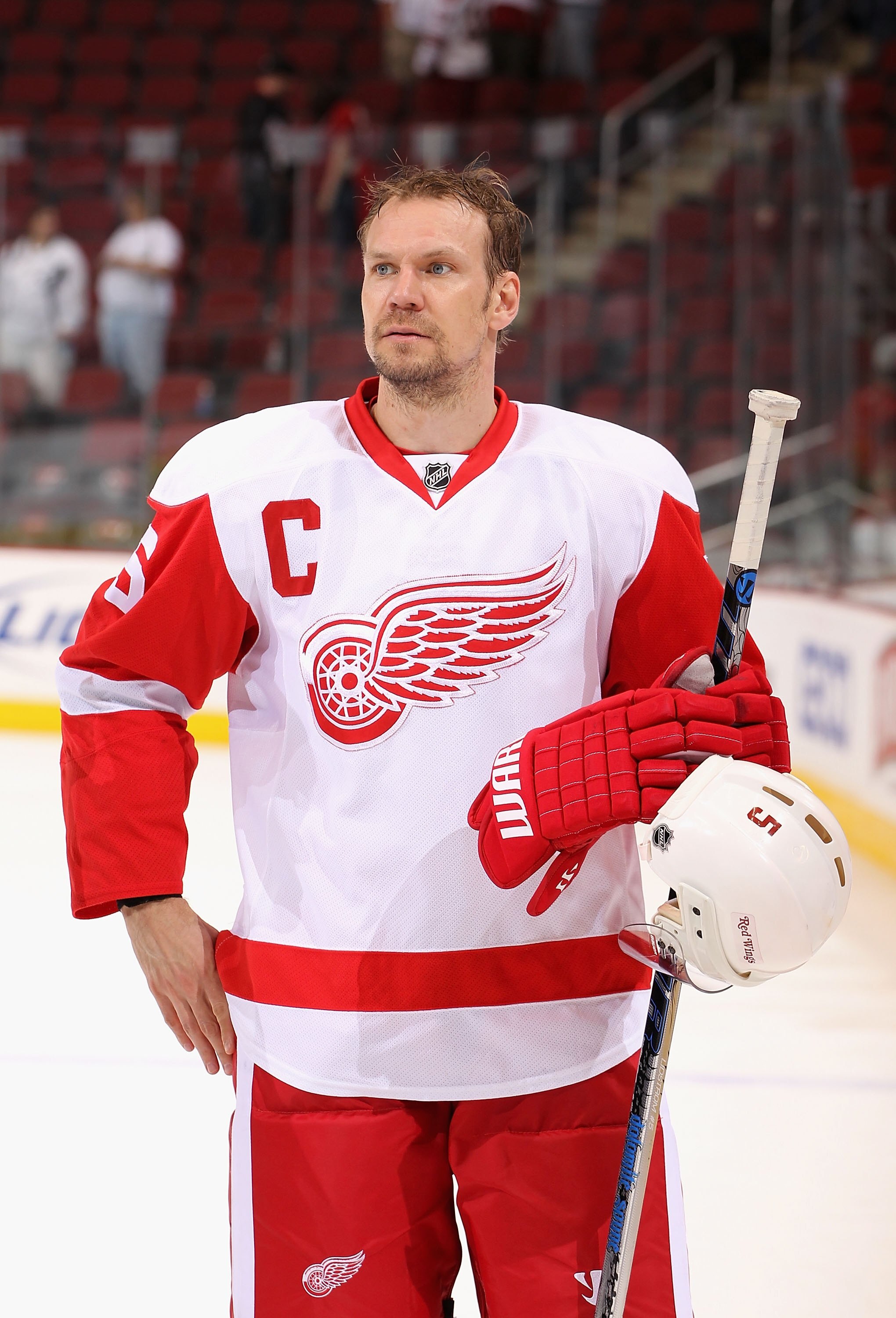 GLENDALE, AZ - APRIL 27:  Nicklas Lidstrom #5 of the Detroit Red Wings stands on the ice following Game Seven of the Western Conference Quarterfinals against the Phoenix Coyotes during the 2010 NHL Stanley Cup Playoffs at Jobing.com Arena on April 27, 201