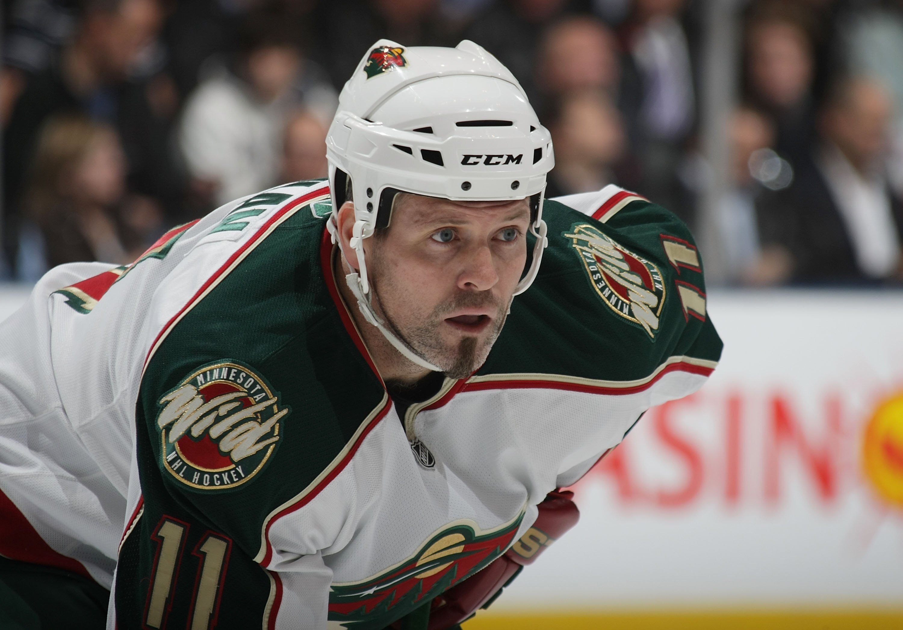 TORONTO, ON - NOVEMBER 10: Owen Nolan #11 of the Minnesota Wild skates against the Toronto Maple Leafs at the Air Canada Centre on November 10, 2009 in Toronto, Canada. (Photo by Bruce Bennett/Getty Images)