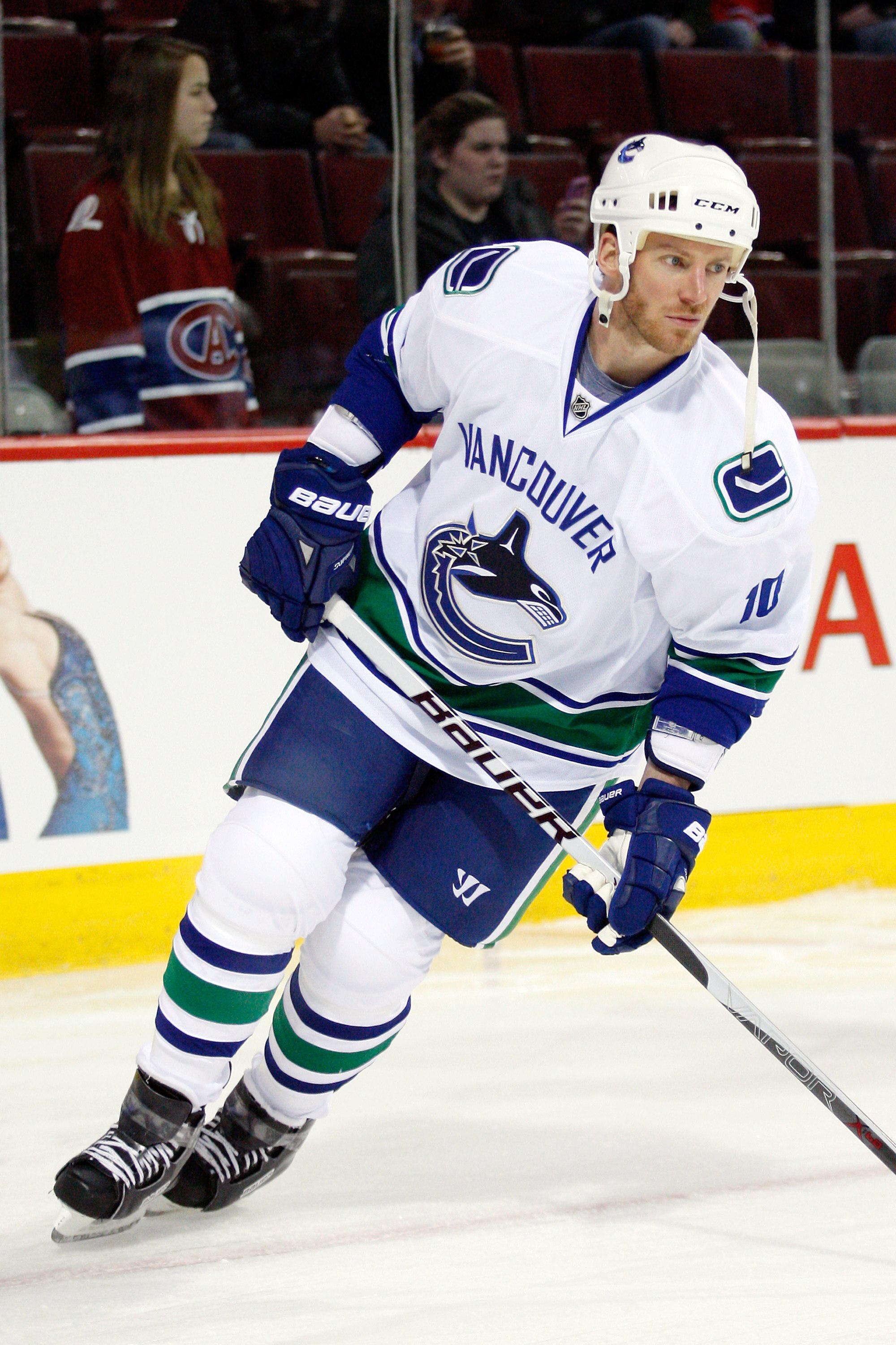 MONTREAL- FEBRUARY 2:  Ryan Johnson #10 of the Vancouver Canucks skates during the warm up period prior to facing the Montreal Canadiens in their NHL game on February 2, 2010 at the Bell Centre in Montreal, Quebec, Canada.  The Canadiens defeated the Canu