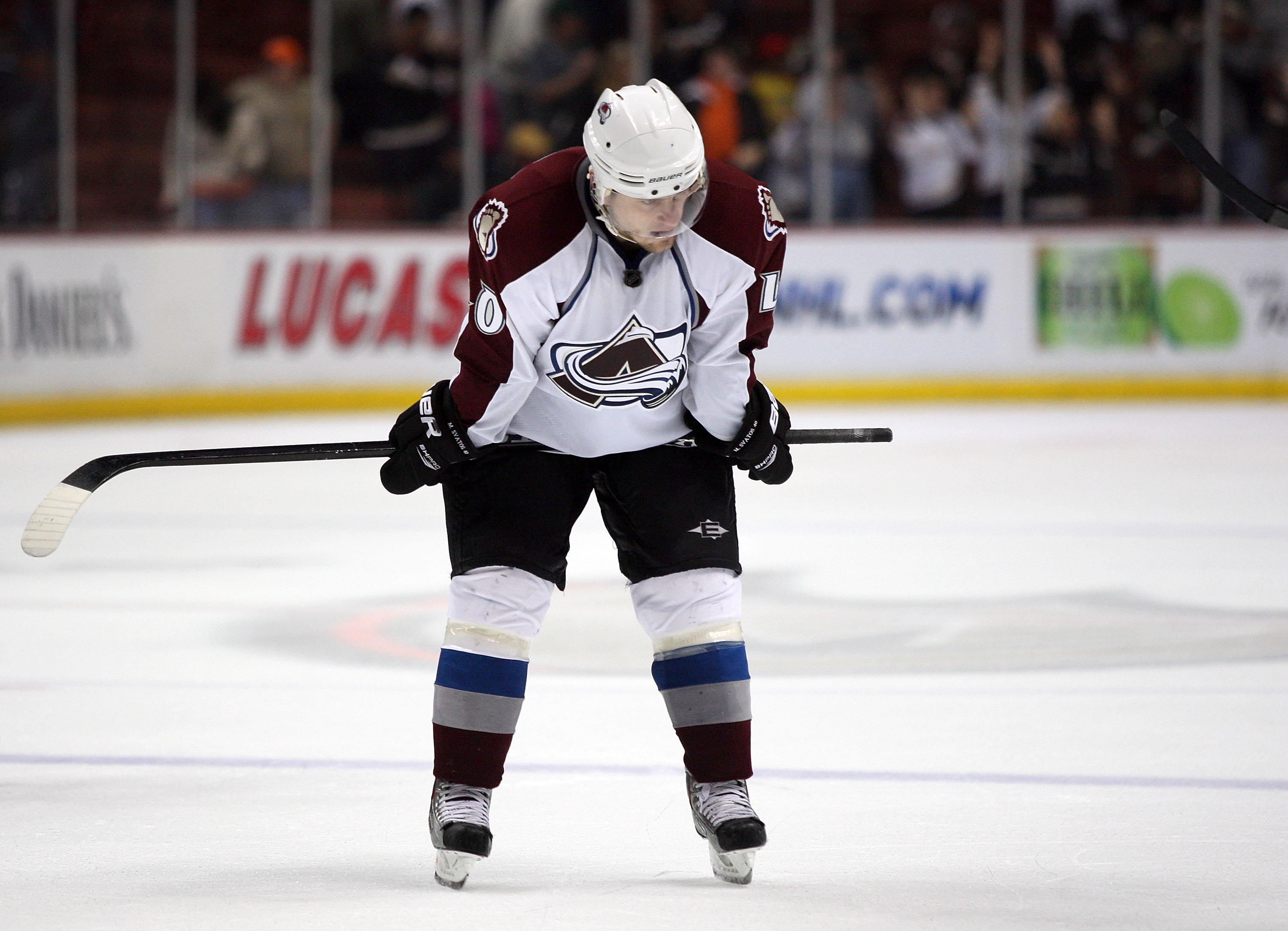 ANAHEIM, CA - MARCH 21:  Marek Svatos #40 of the Colorado Avalanche looks on after losing 5-2 to the Anaheim Ducks in their NHL game at the Honda Center on March 21, 2010 in Anaheim, California.  (Photo by Victor Decolongon/Getty Images)