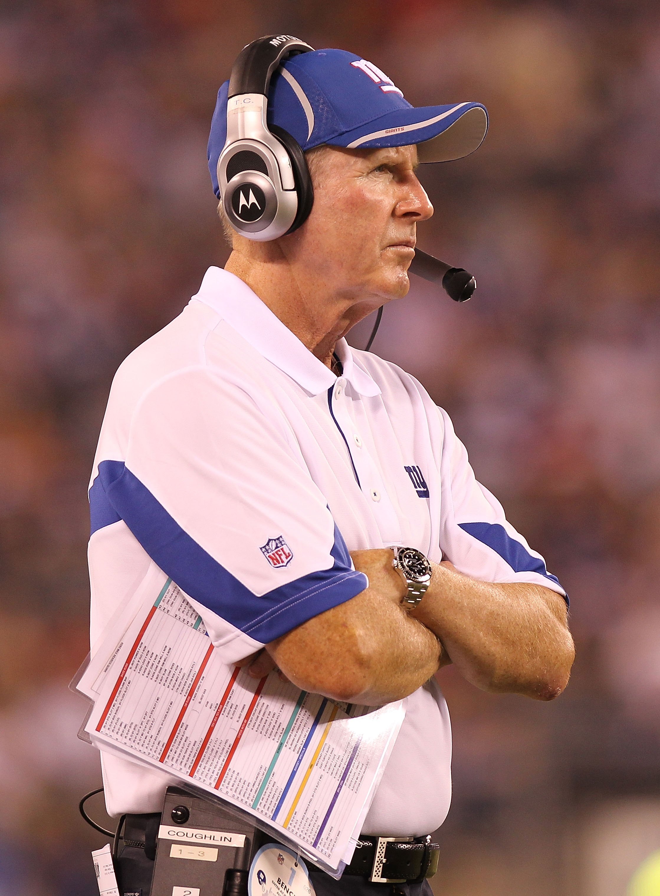 EAST RUTHERFORD, NJ - AUGUST 21:  Head coach of the New York Giants, Tom Coughlin looks on from the sideline against the Pittsburgh Steelers during their preseason game at New Meadowlands Stadium on August 21, 2010 in East Rutherford, New Jersey.  (Photo