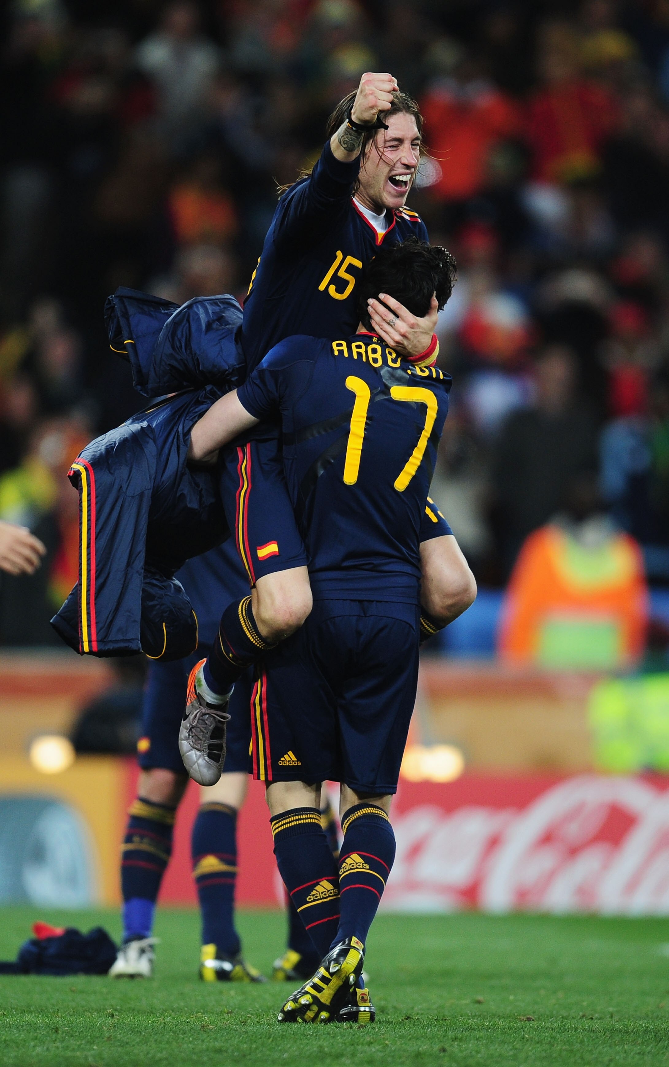 JOHANNESBURG, SOUTH AFRICA - JULY 11:  Sergio Ramos and Alvaro Arbeloa of Spain celebrate victory at the final whistle during the 2010 FIFA World Cup South Africa Final match between Netherlands and Spain at Soccer City Stadium on July 11, 2010 in Johanne