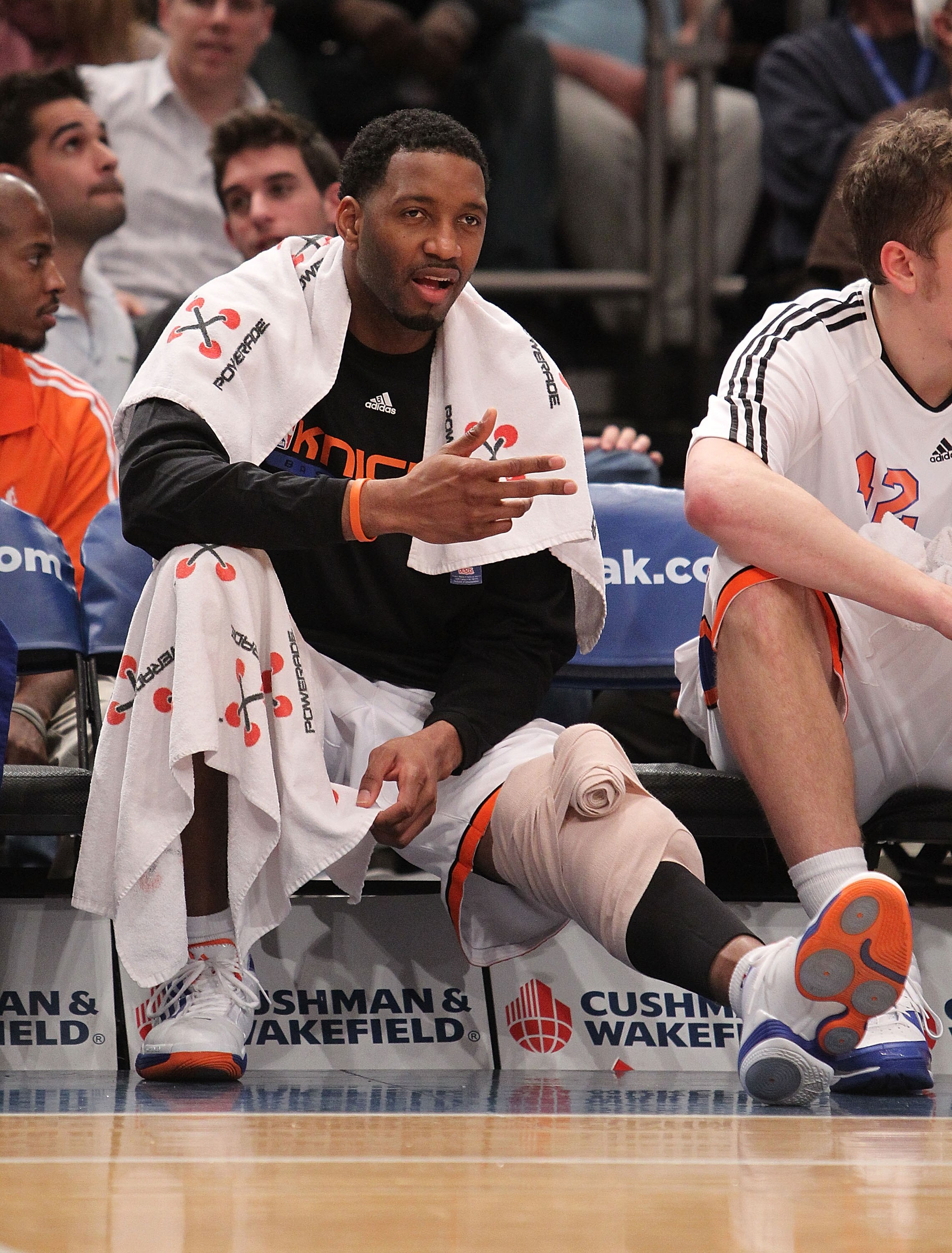 NEW YORK - FEBRUARY 20:  Tracy McGrady #3 of the New York Knicks gestures against the Oklahoma City Thunder at Madison Square Garden on February 20, 2010 in New York, New York. NOTE TO USER: User expressly acknowledges and agrees that, by downloading and