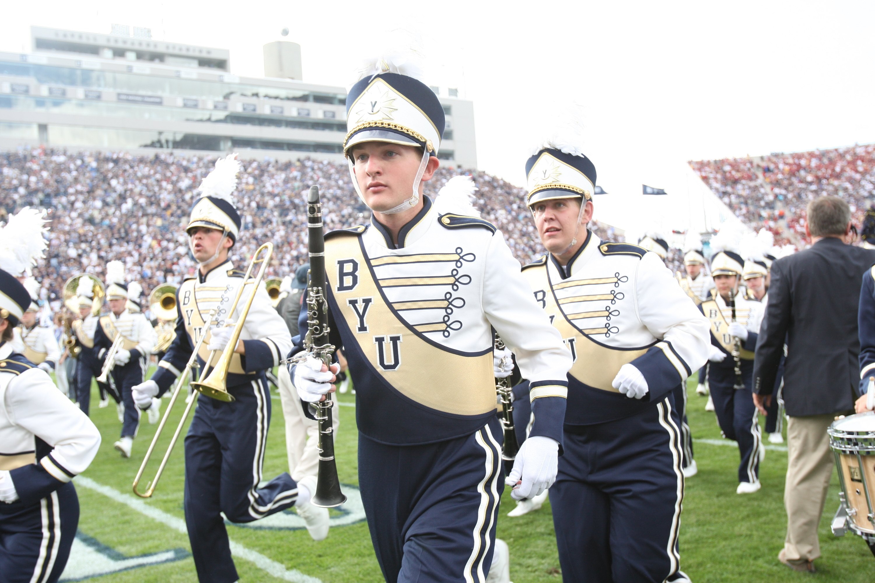 PROVO, UT - SEPTEMBER 19:  Brigham Young University Cougars marching band leaves the field after the opening ceremony of the game against Florida State Seminoles at La Vell Edwards Stadium on September 19, 2009 in Provo, Utah.  (Photo by Melissa Majchrzak