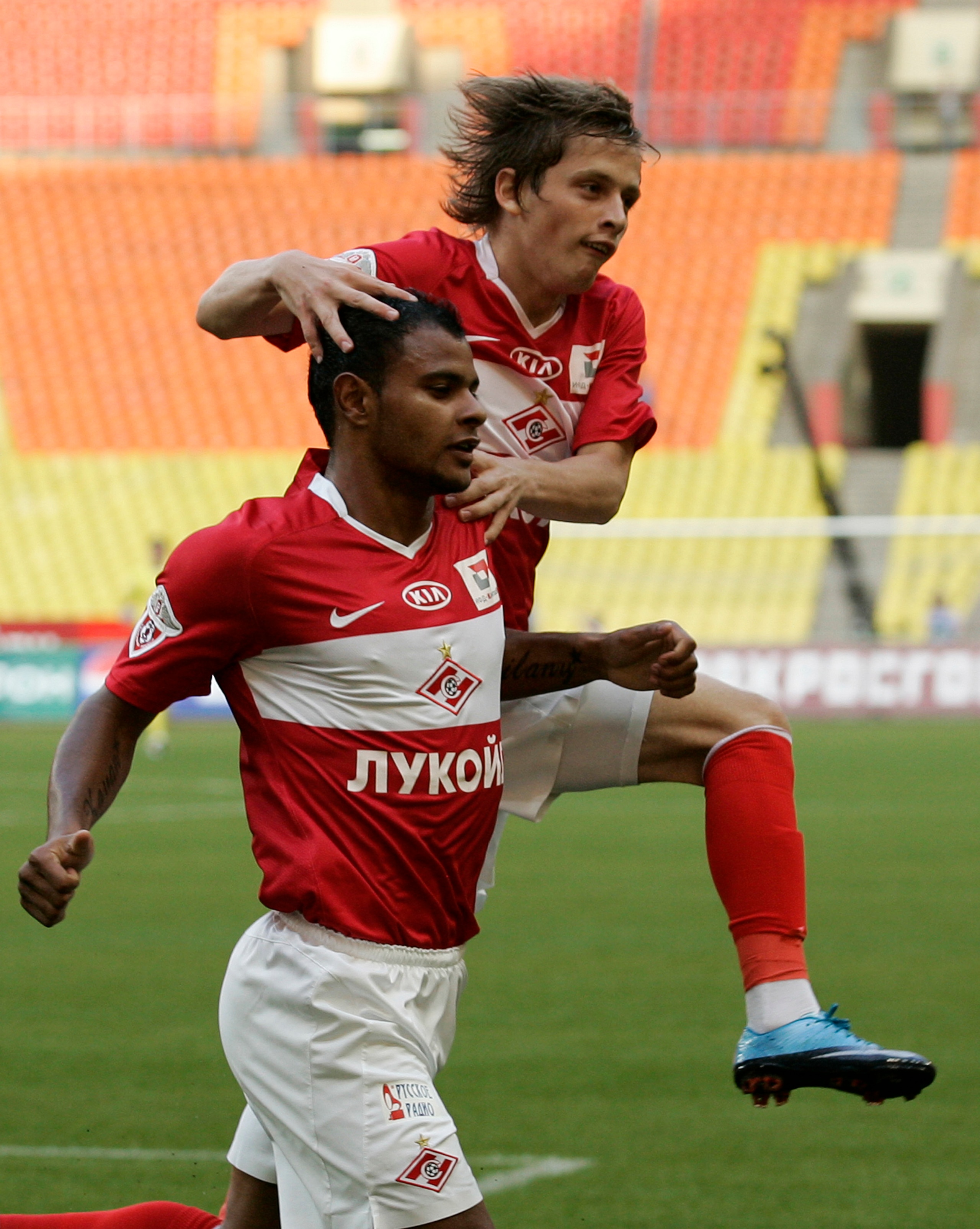 MOSCOW, RUSSIA - JULY 21: Ari (L) and Zhano Ananidze of FC Spartak Moscow celebrate after scoring a goal during the Russian Football League Championship match between FC Spartak and FC Sibir at the Luzhniki Stadium on July 21, 2010 in Moscow, Russia.  (Ph