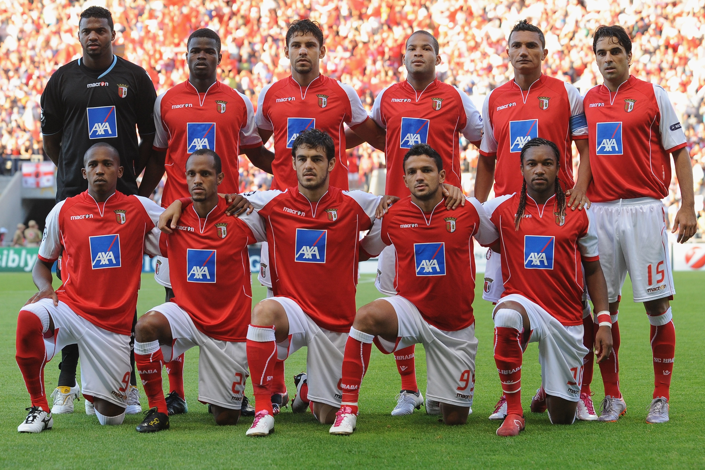 BRAGA, PORTUGAL - AUGUST 18:  SC Braga Team line up prior to the UEFA Champions League Play-offs match between SC Braga and Sevilla FC at Estadio Municipal de Braga on August 18, 2010 in Braga, Portugal.  (Photo by Valerio Pennicino/Getty Images)