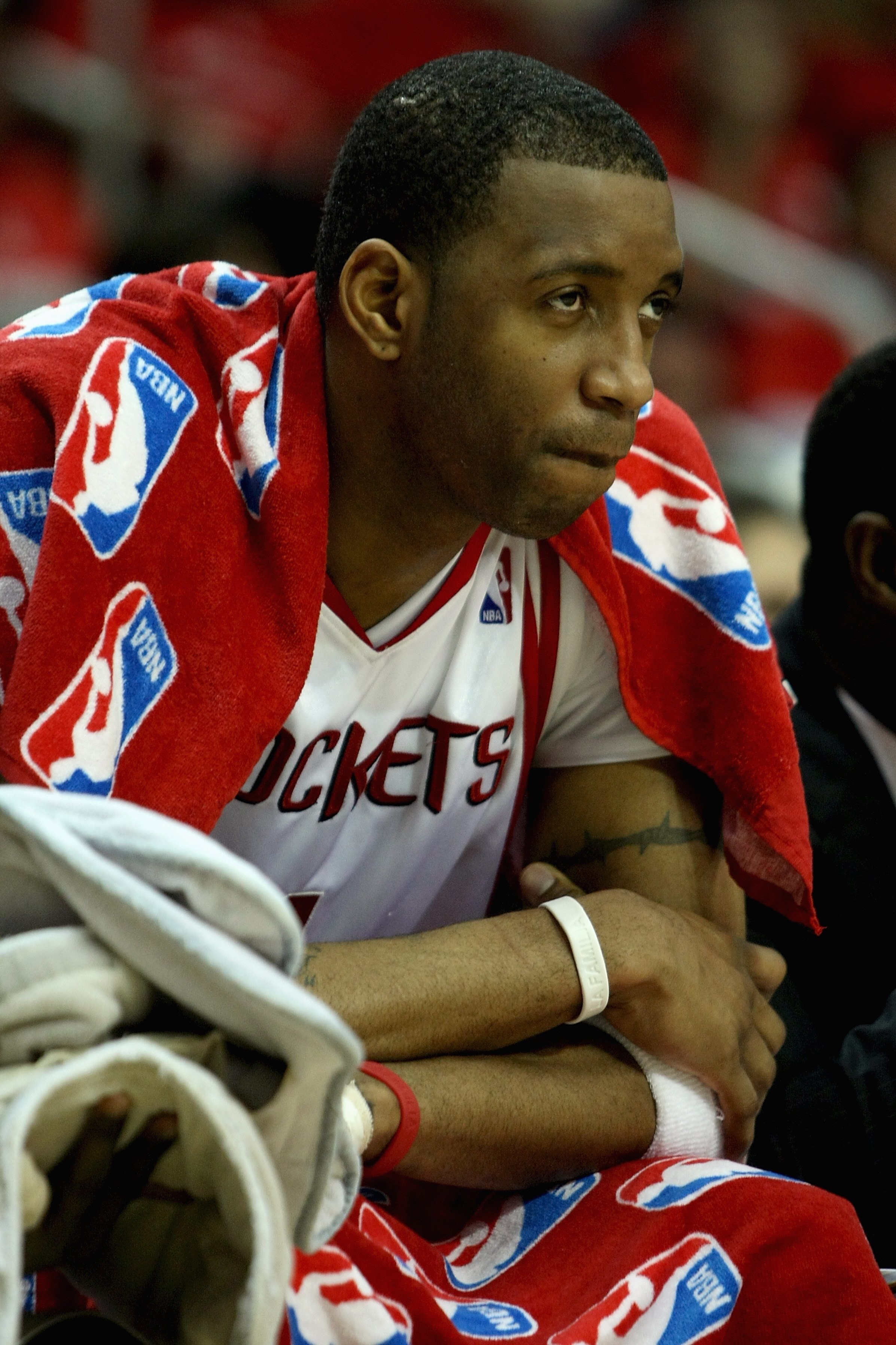 HOUSTON - APRIL 19:  Tracy McGrady #1 of the Houston Rockets watches the action against the Utah Jazz in Game One of the Western Conference Quarterfinals during the 2008 NBA Playoffs on April 19, 2008 at the Toyota Center in Houston, Texas.  The Jazz won