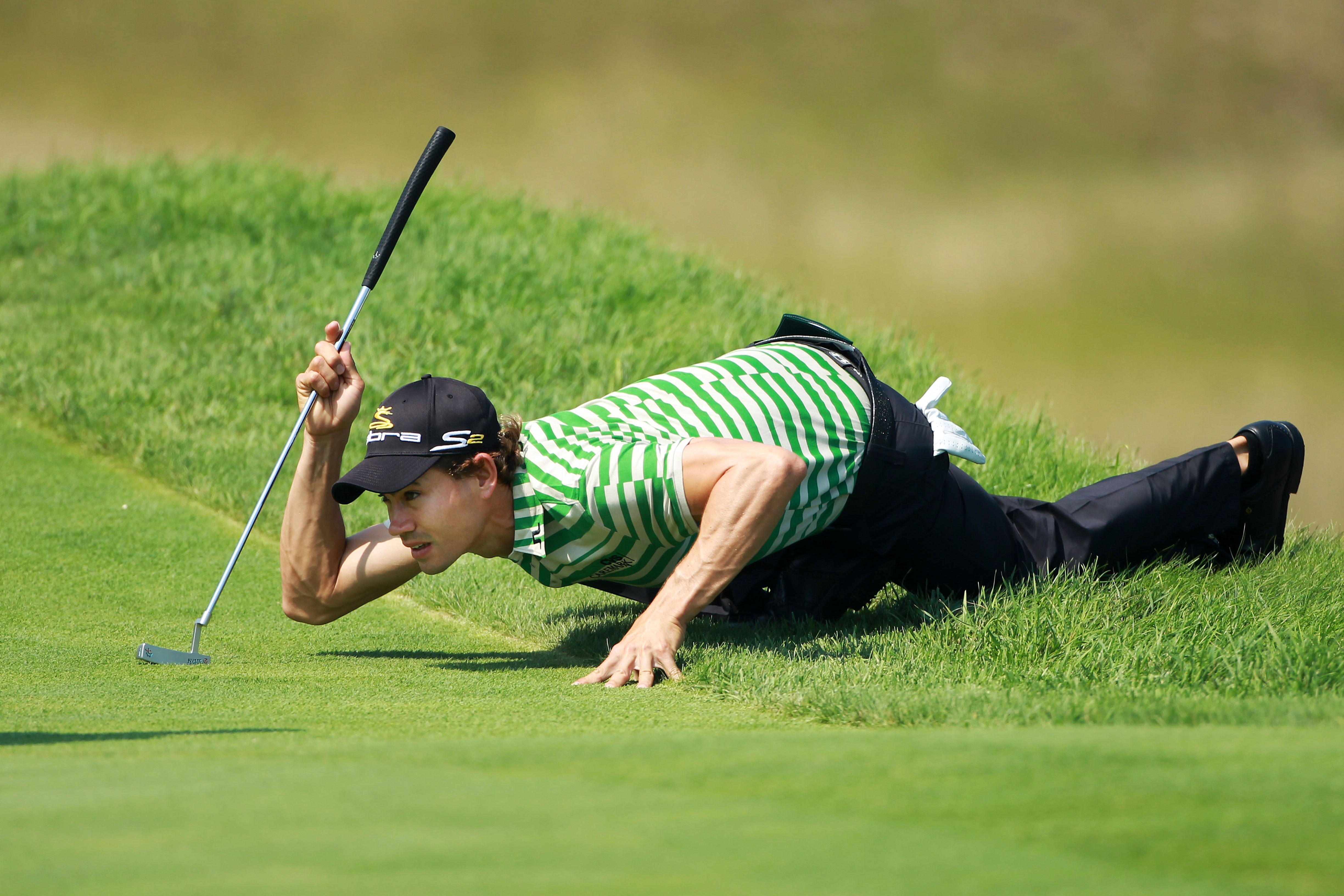 KOHLER, WI - AUGUST 12:  Camilo Villegas of Colombia lines up a putt on the 16th green during the first round of the 92nd PGA Championship on the Straits Course at Whistling Straits on August 12, 2010 in Kohler, Wisconsin.  (Photo by Andrew Redington/Gett