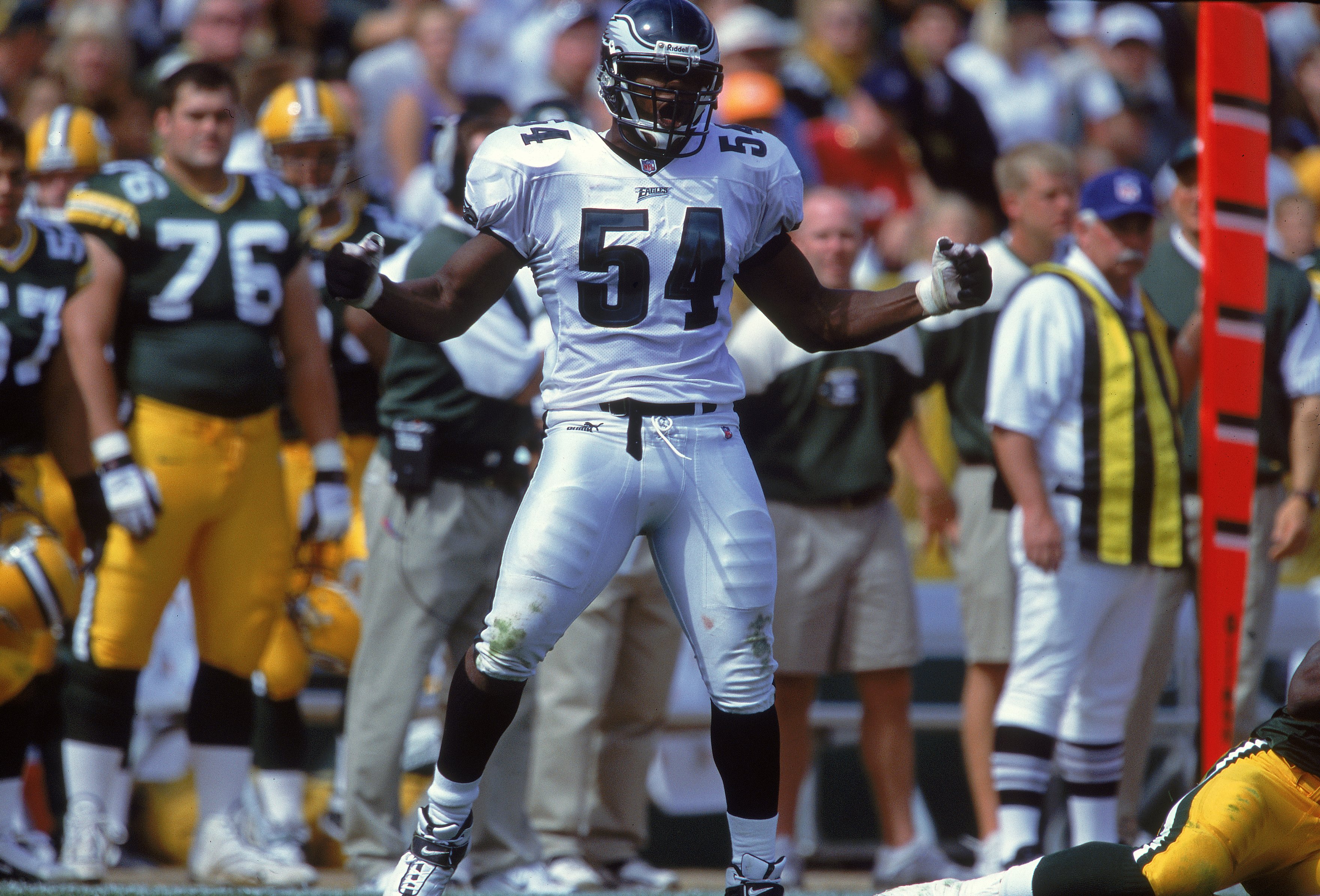 17 Sep 2000: Jeremiah Trotter #54 of the Philadelphia Eagles celebrate on the field during a game against the Green Bay Packers at Lambeau Field in Green Bay, Wisconsin. The Packers defeated the Eagles 6-3.Mandatory Credit: Tom Hauck  /Allsport
