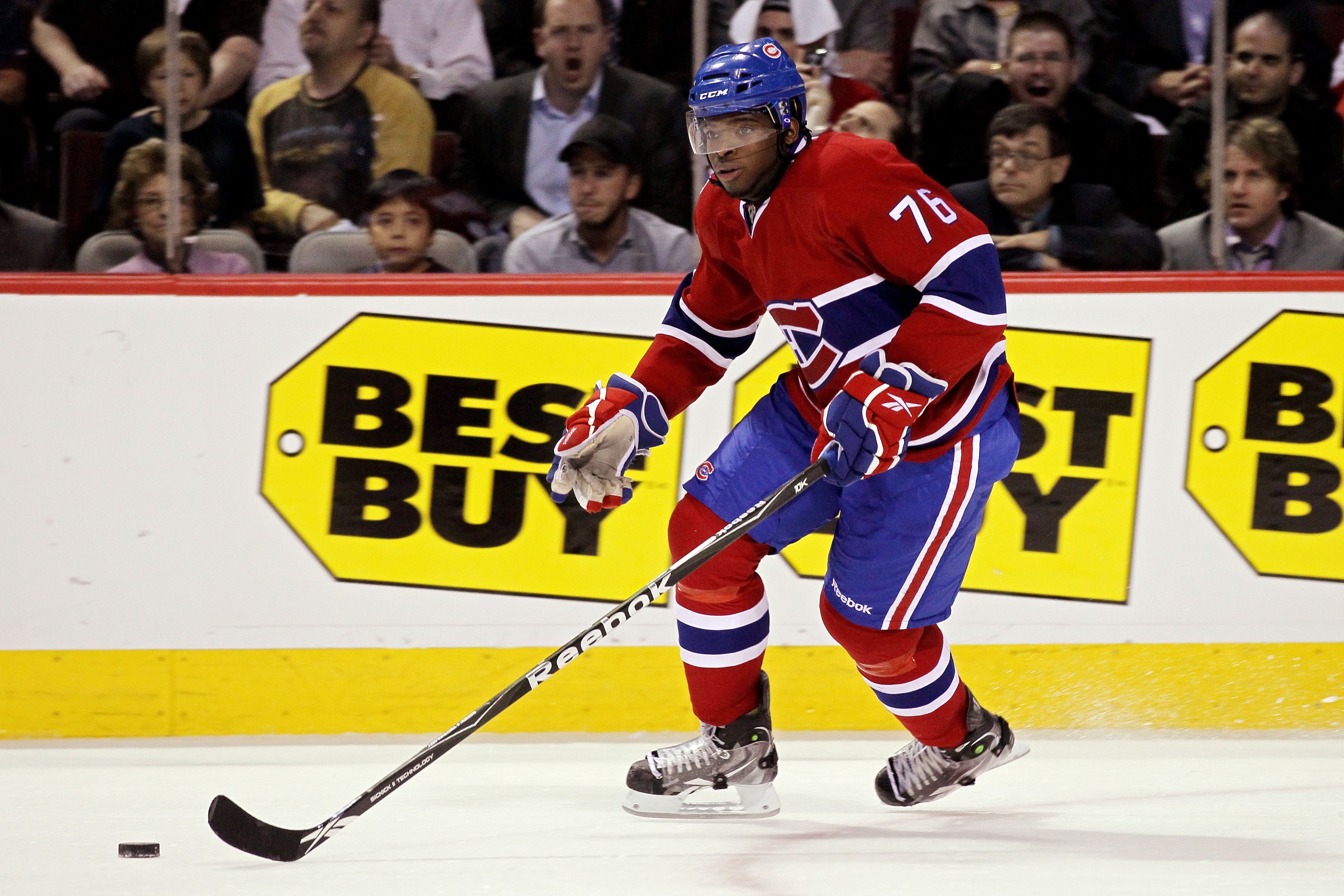 MONTREAL, QC - MAY 20:  P.K. Subban #76 of the Montreal Canadiens handles the puck in Game 3 of the Eastern Conference Finals during the 2010 NHL Stanley Cup Playoffs at Bell Centre on May 20, 2010 in Montreal, Canada.  (Photo by Jim McIsaac/Getty Images)