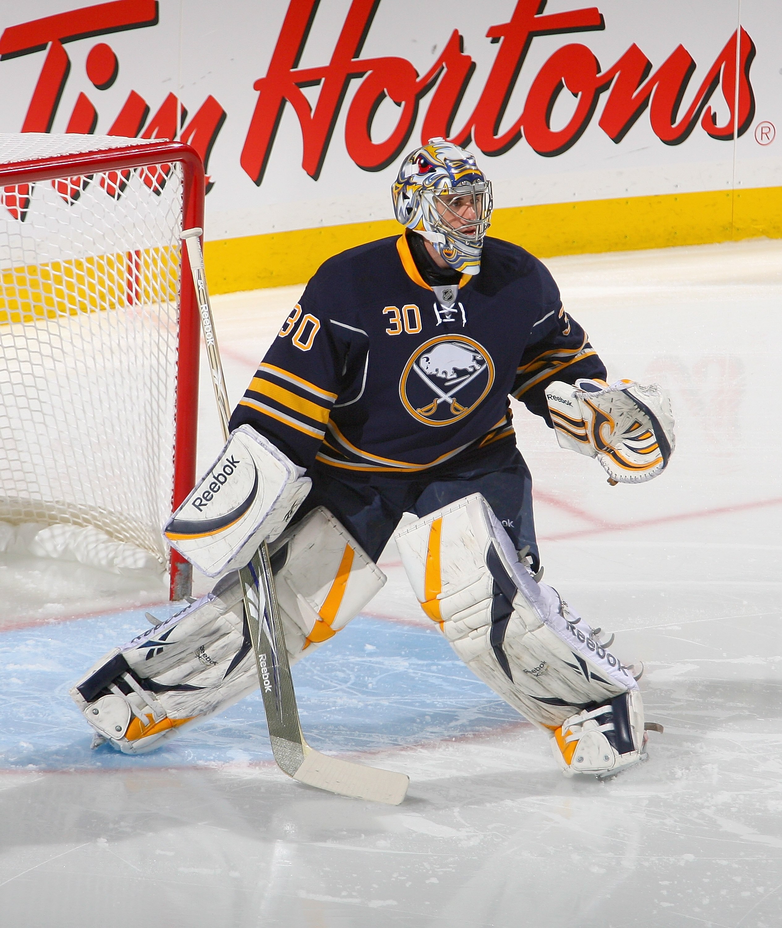 BUFFALO, NY - APRIL 15: Ryan Miller #30 of the Buffalo Sabres plays against the Boston Bruins in Game One of the Eastern Conference Quarterfinals during the 2010 NHL Stanley Cup Playoffs at HSBC Arena on April 15, 2010 in Buffalo, New York.  (Photo by Ric
