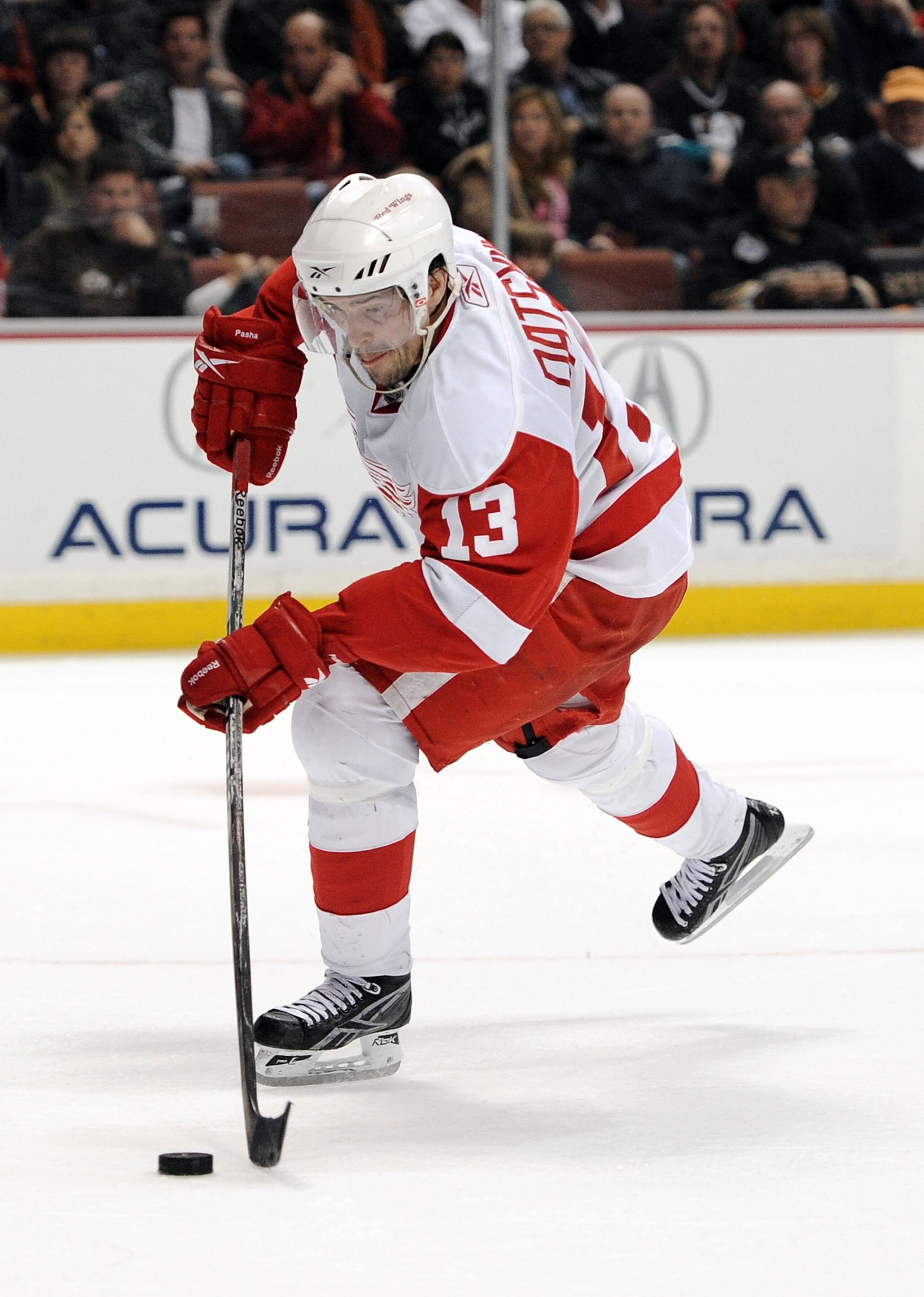 ANAHEIM, CA - FEBRUARY 03:  Pavel Datsyuk #13 of the Detroit Red Wings breaks in on goal to score a goal against the Anaheim Ducks during the second period at the Honda Center on February 3, 2010 in Anaheim, California.  (Photo by Harry How/Getty Images)