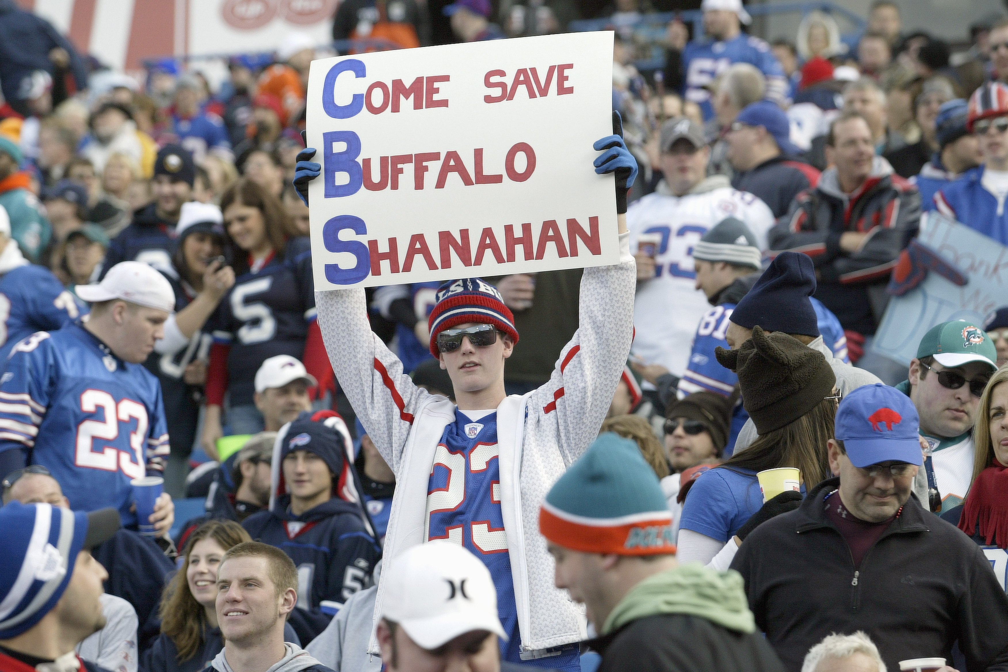 ORCHARD PARK, NY - NOVEMBER 29: A fan of the Buffalo Bills holds up a sign before the game against the Miami Dolphins at Ralph Wilson Stadium on November 29, 2009 in Orchard Park, New York. Buffalo won 31-14. (Photo by Rick Stewart/Getty Images)