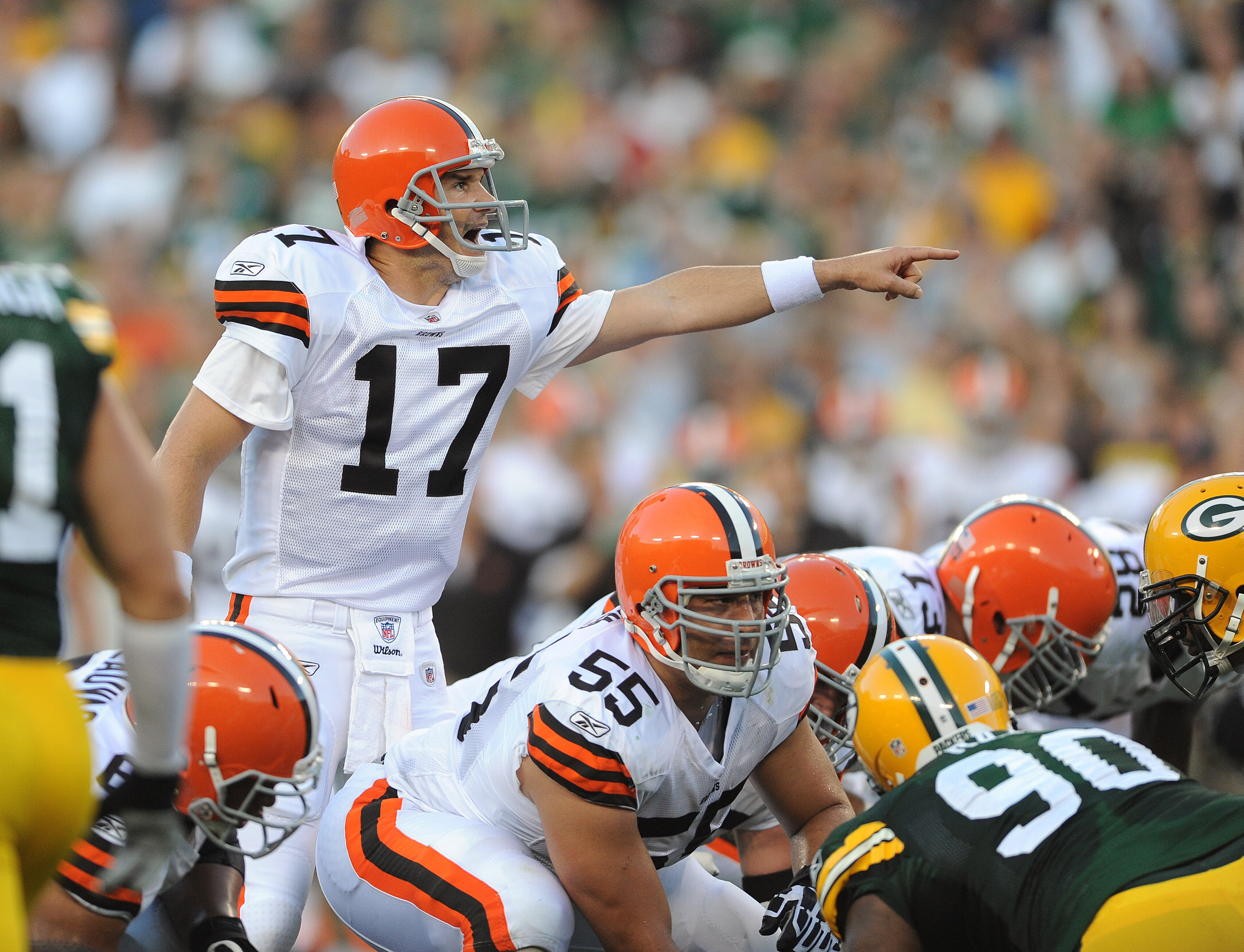 GREEN BAY - AUGUST 14: Jake Delhomme #17 of the Cleveland Browns calls out a play during the NFL preseason game against the Green Bay Packers at Lambeau Field August 14, 2010 in Green Bay, Wisconsin.  (Photo by Tom Dahlin/Getty Images)
