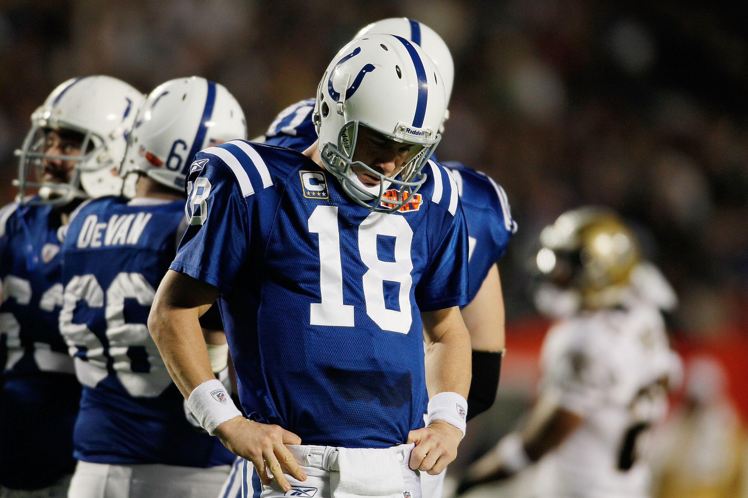 MIAMI GARDENS, FL - FEBRUARY 07: Peyton Manning #18 of the Indianapolis Colts reacts after a play against the New Orleans Saints during Super Bowl XLIV on February 7, 2010 at Sun Life Stadium in Miami Gardens, Florida.  (Photo by Donald Miralle/Getty Imag
