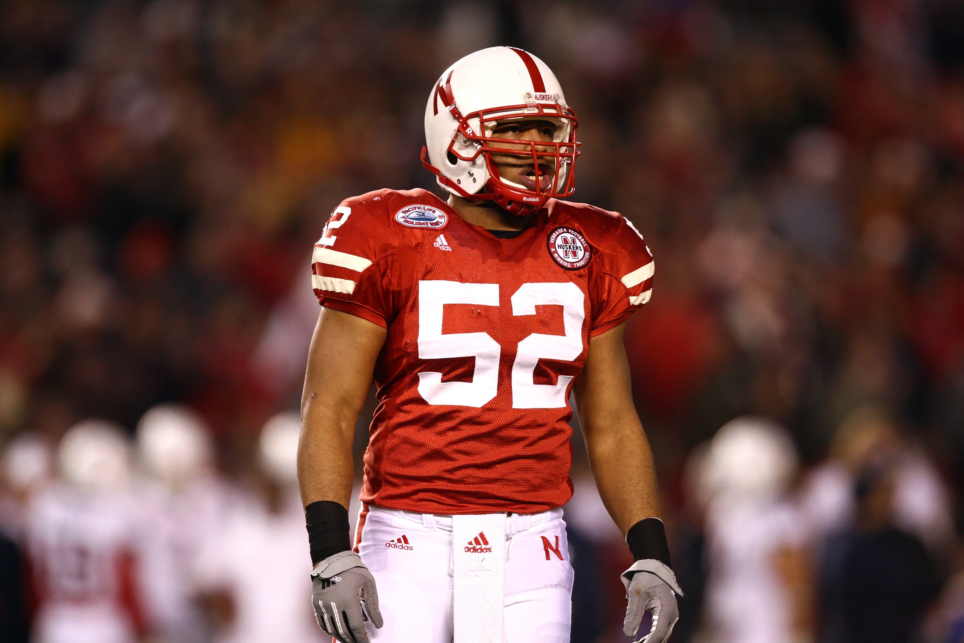 SAN DIEGO - DECEMBER 30:  Phillip Dillard #52 of the University of Nebraska Cornhuskers looks on during the Pacific Life Holiday Bowl against University of Arizona Wildcats on December 30, 2009 at Qualcomm Stadium in San Diego, California. The Cornhuskers