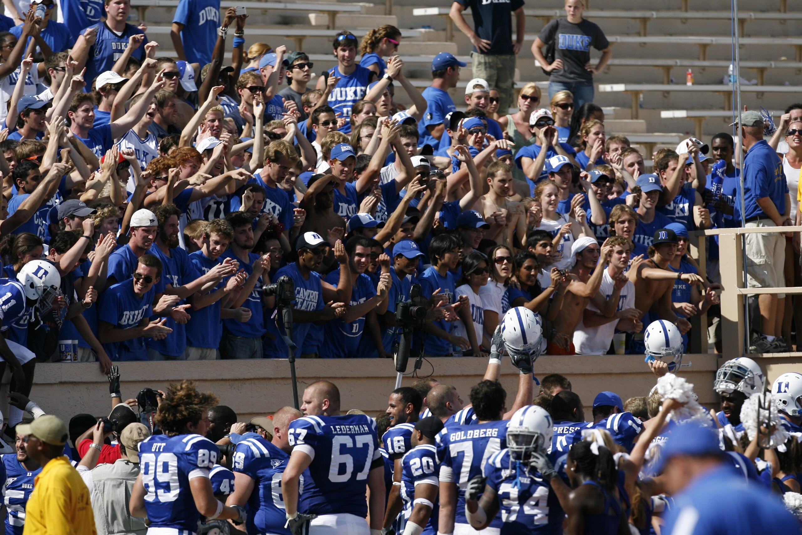 DURHAM, NC - SEPTEMBER 13:  Duke Blue Devils fans cheer during the game against the Navy Midshipmen at Wallace Wade Stadium on September 13, 2008 in Durham, North Carolina.  (Photo by Kevin C. Cox/Getty Images)