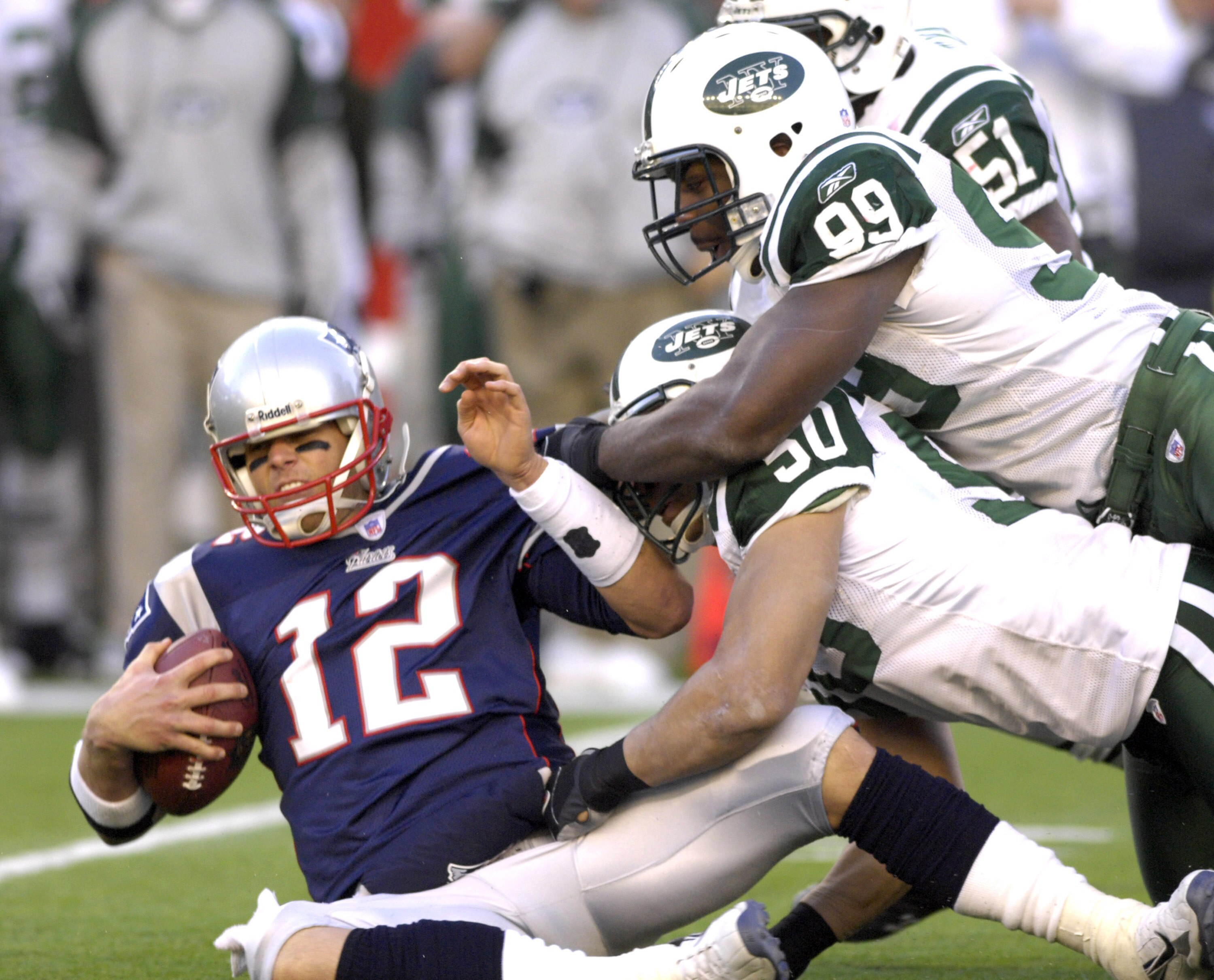 New England Patriots quarterback Tom Brady  against the New York Jets  an NFL wild card playoff game Jan. 7, 2007 in Foxborough.  The Pats won 37 - 16. (Photo by A. Messerschmidt/Getty Images)