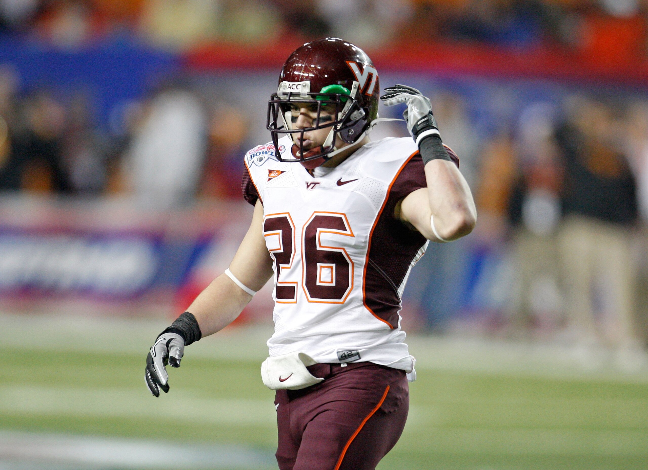 ATLANTA - DECEMBER 31:  Linebacker Cody Grimm #26 of the Virginia Tech Hokies exits the field after a defensive series during the Chick-Fil-A Bowl against the Tennessee Volunteers at the Georgia Dome on December 31, 2009 in Atlanta, Georgia.  Virginia Tec