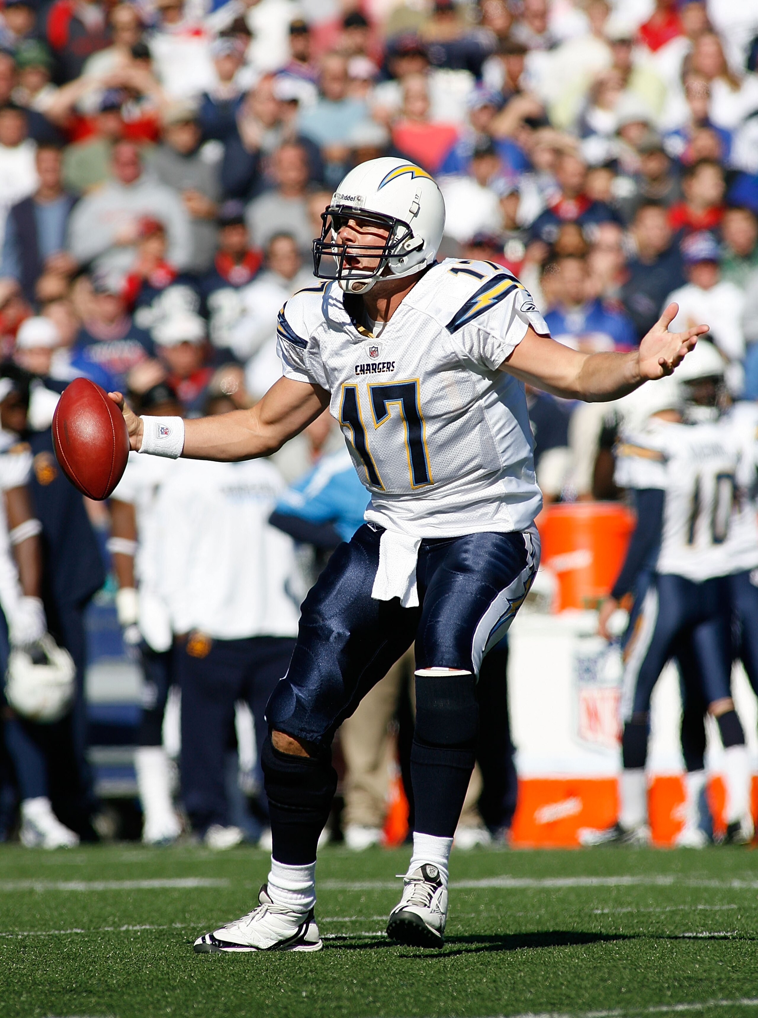 ORCHARD PARK, NY - OCTOBER 19: Philip Rivers #17 of the San Diego Chargers complains to officials after being called for delay of the game during a power outage against the Buffalo Bills on October 19, 2008 at Ralph Wilson Stadium in Orchard Park, New Y ORCHARD PARK, NY - OCTOBER 19: Philip Rivers #17 of the San Diego Chargers complains to officials after being called for delay of the game during a power outage against the Buffalo Bills on October 19, 2008 at Ralph Wilson Stadium in Orchard Park, New Y