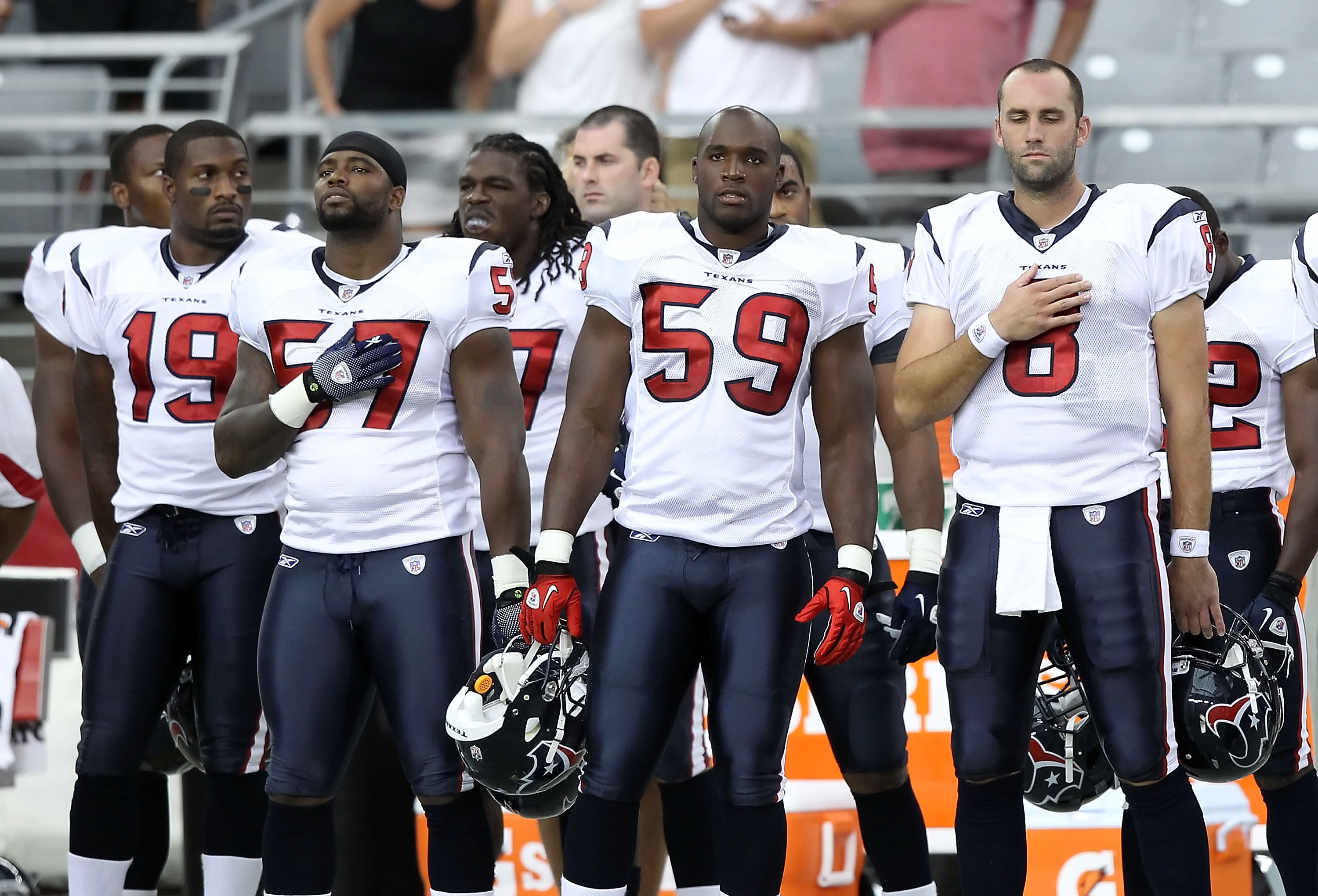 GLENDALE, AZ - AUGUST 14:  (L-R) Dorin Dickerson #19, Kevin Bentley #57, DeMeco Ryans #59 and Matt Schaub #8 of the Houston Texans during preseason NFL game against  the Arizona Cardinals at the University of Phoenix Stadium on August 14, 2010 in Glendale