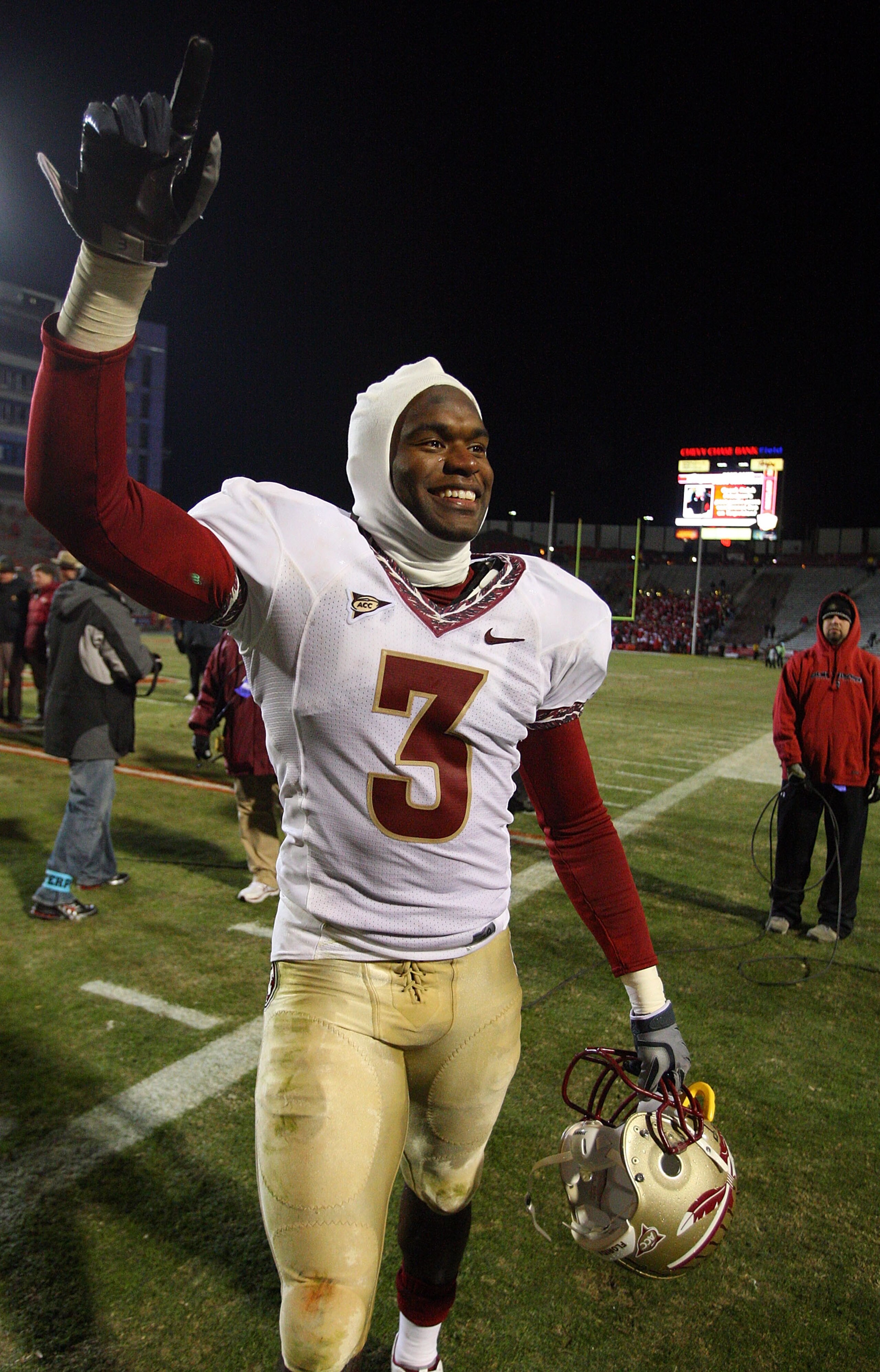COLLEGE PARK, MD - NOVEMBER 22:  Myron Rolle #3 of the Florida State Seminoles walks off the field after defeating the Maryland Terrapins on November 22, 2008 at Byrd Stadium in College Park, Maryland.  (Photo by Jim McIsaac/Getty Images)