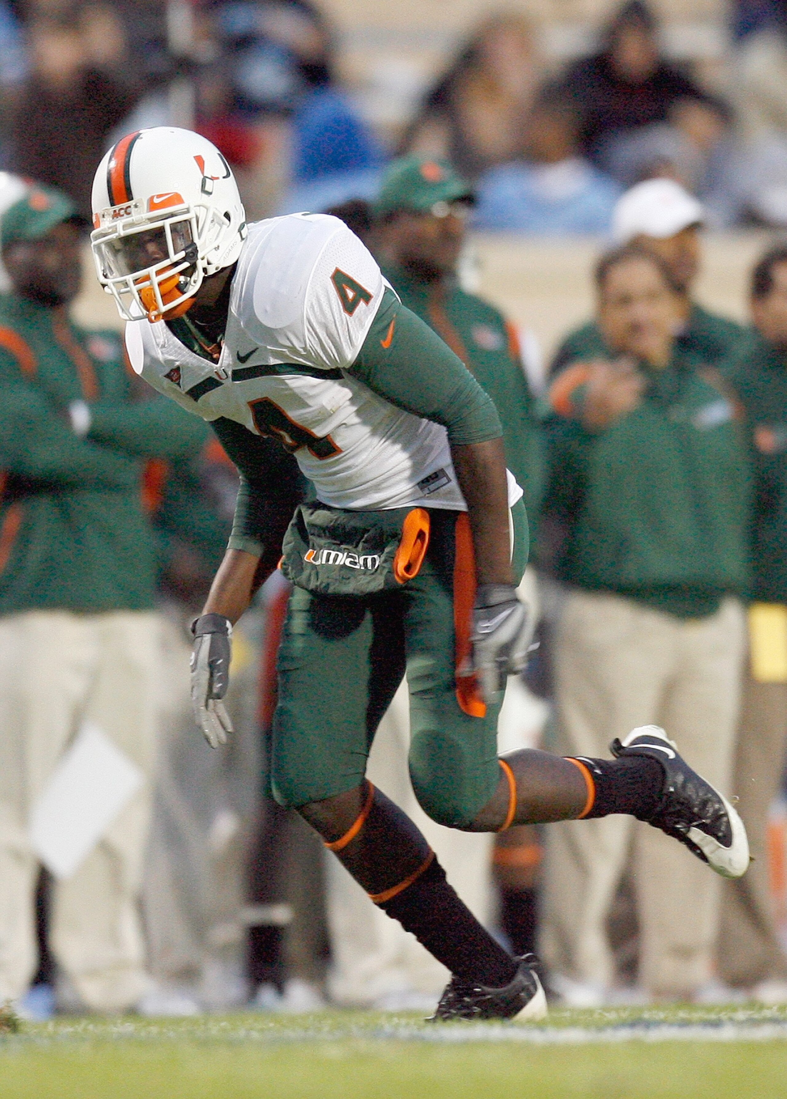 DURHAM, NC - OCTOBER 18:  Aldarius Johnson #4 of the Miami Hurricanes runs on the field during the game against the Duke Blue Devils at Wallace Wade Stadium on October 18, 2008 in Durham, North Carolina.  (Photo by Kevin C. Cox/Getty Images)