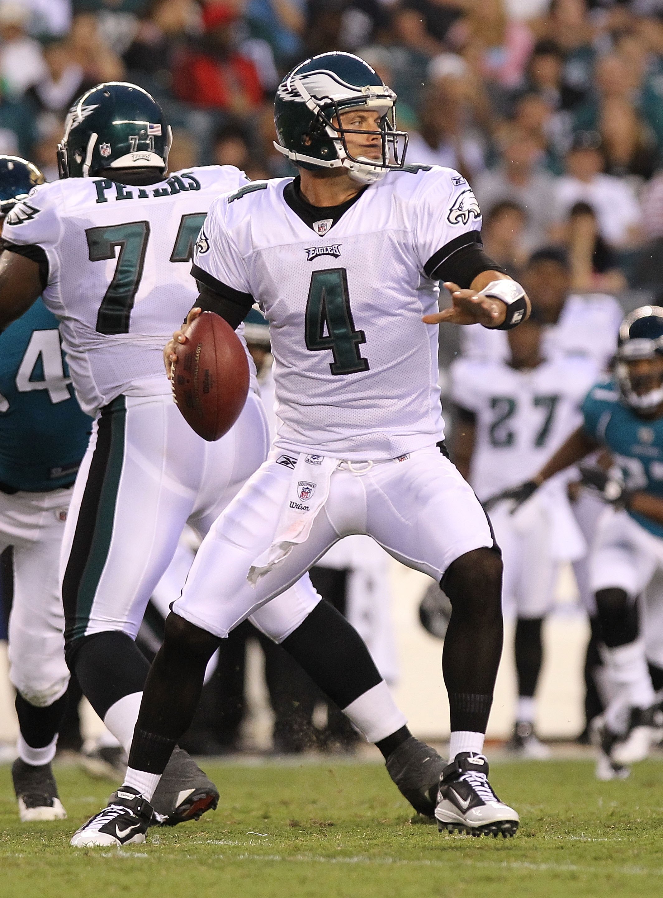 PHILADELPHIA - AUGUST 13:  Kevin Kolb #4 of the Philadelphia Eagles drops back to pass against the Jacksonville Jaguars during their preseason game at Lincoln Financial Field on August 13, 2010 in Philadelphia, Pennsylvania.  (Photo by Nick Laham/Getty Im