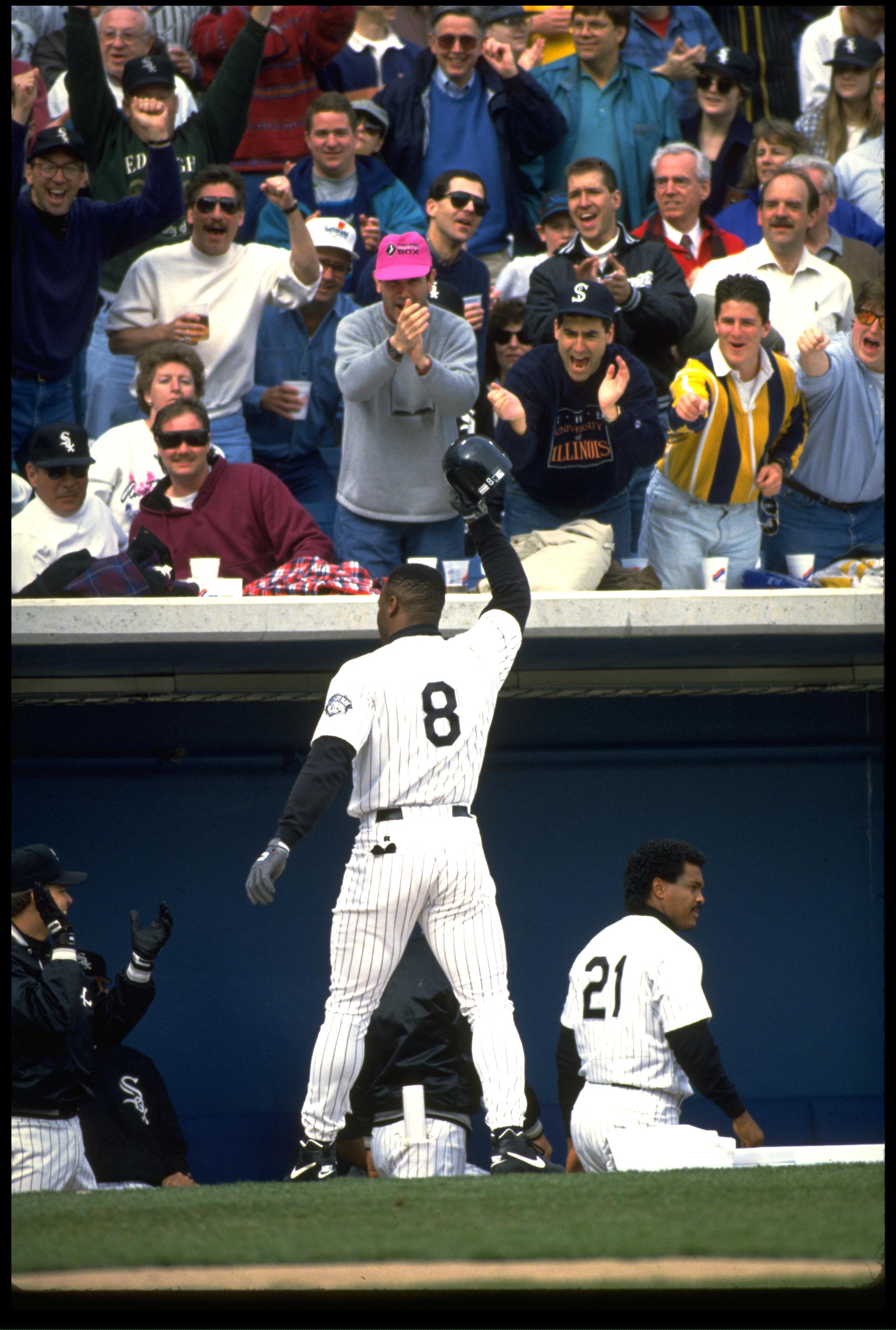 1 APR 1993:  CHICAGO WHITE SOX OUTFIELDER BO JACKSON TAKES HIS HELMET OFF TO THE CROWD DURING THE WHITE SOX GAME AT COMISKEY PARK IN CHICAGO, ILLINOIS.  MANDATORY CREDIT:  JONATHAN DANIEL/ALLSPORT USA