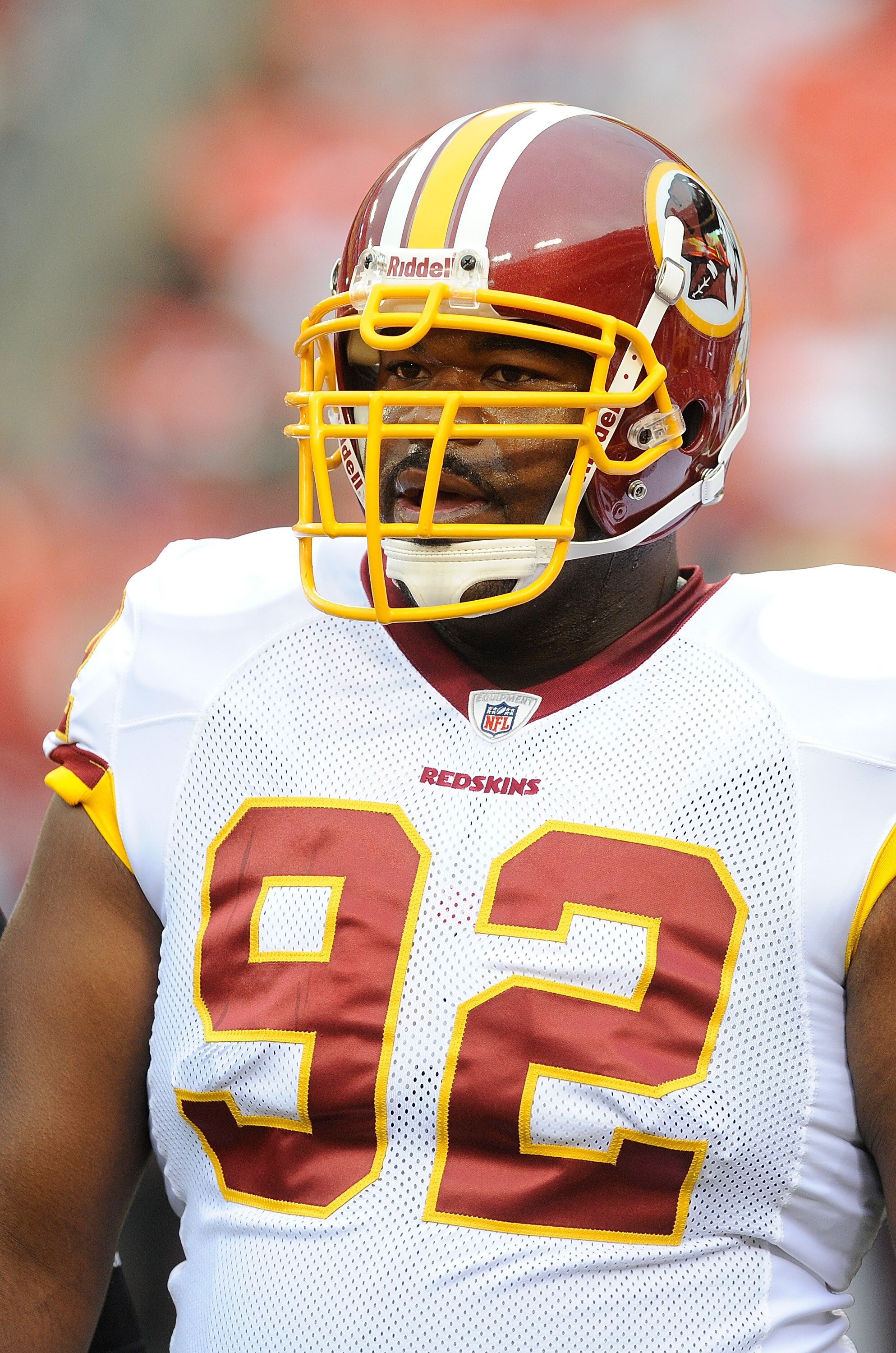 LANDOVER, MD - AUGUST 13:  Albert Haynesworth #92 of the Washington Redskins warms up before the preseason game against the Buffalo Bills at FedEx Field on August 13, 2010 in Landover, Maryland.  (Photo by Greg Fiume/Getty Images)