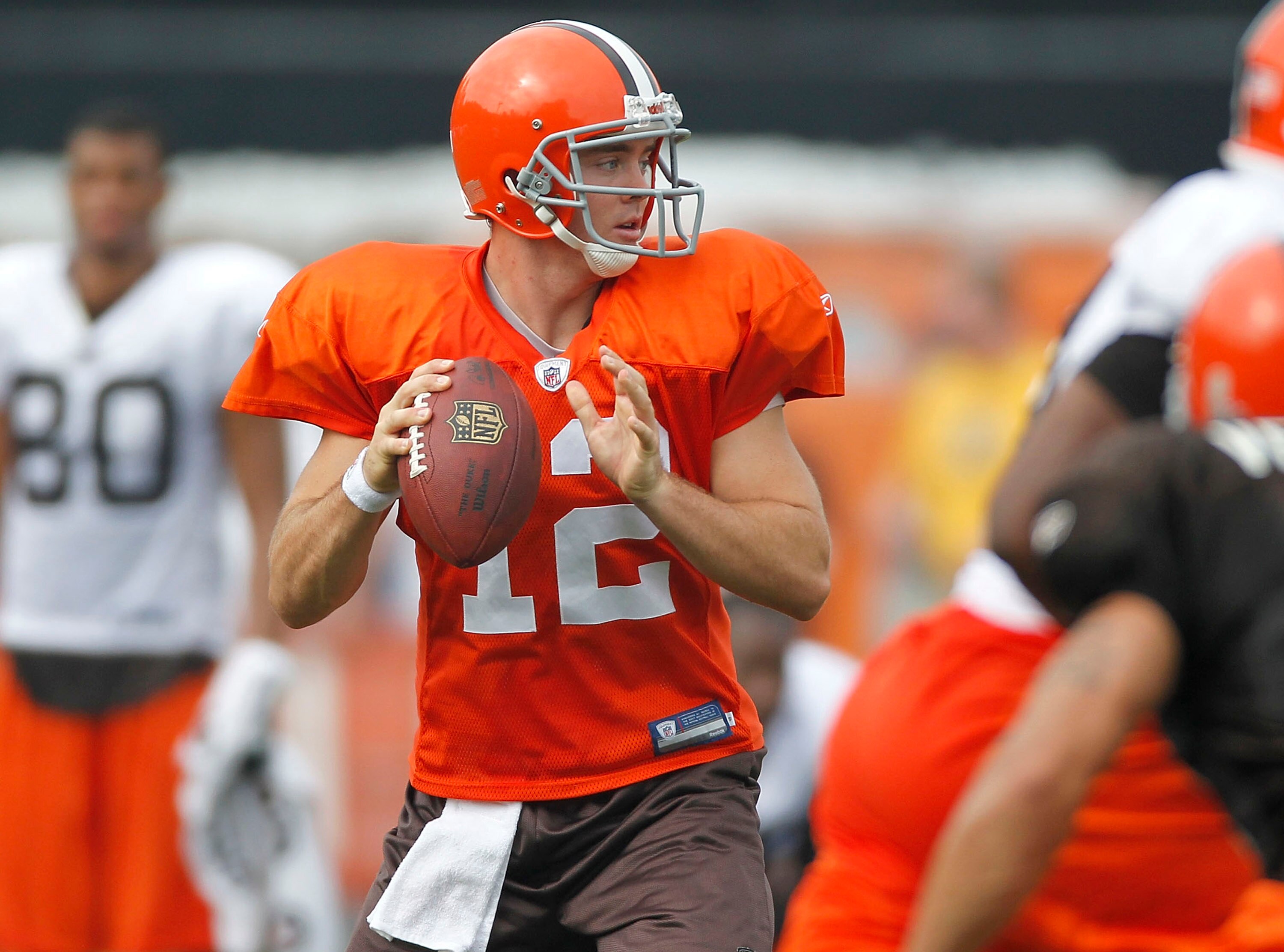 BEREA, OH - AUGUST 04:  Colt McCoy #12 of the Cleveland Browns gets ready to throw a pass during training camp at the Cleveland Browns Training and Administrative Complex on August 4, 2010 in Berea, Ohio.  (Photo by Gregory Shamus/Getty Images)