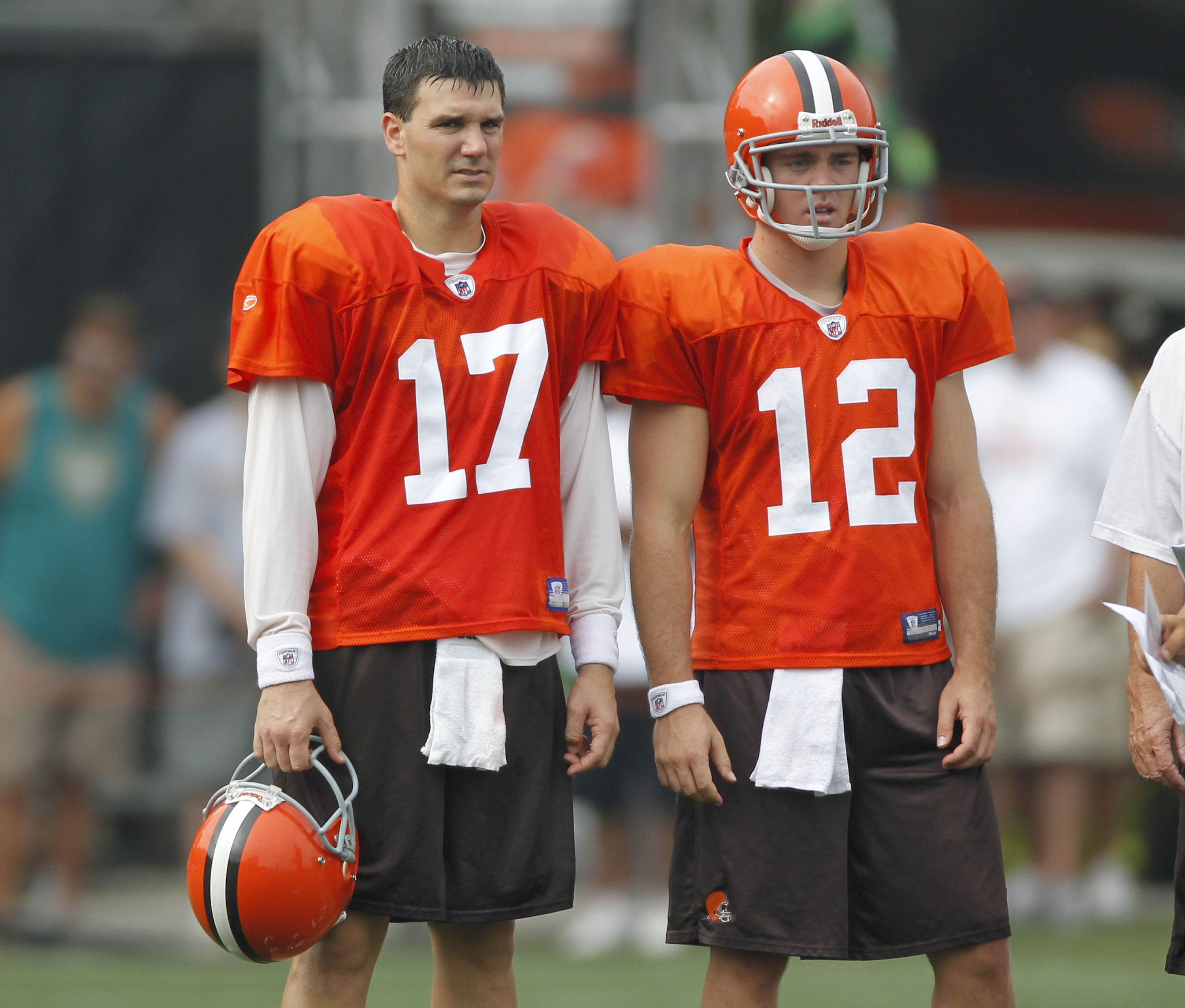 BEREA, OH - AUGUST 04:  Jake Delhomme #17 and Colt McCoy #12 of the Cleveland Browns stand next to each other during training camp at the Cleveland Browns Training and Administrative Complex on August 4, 2010 in Berea, Ohio.  (Photo by Gregory Shamus/Gett