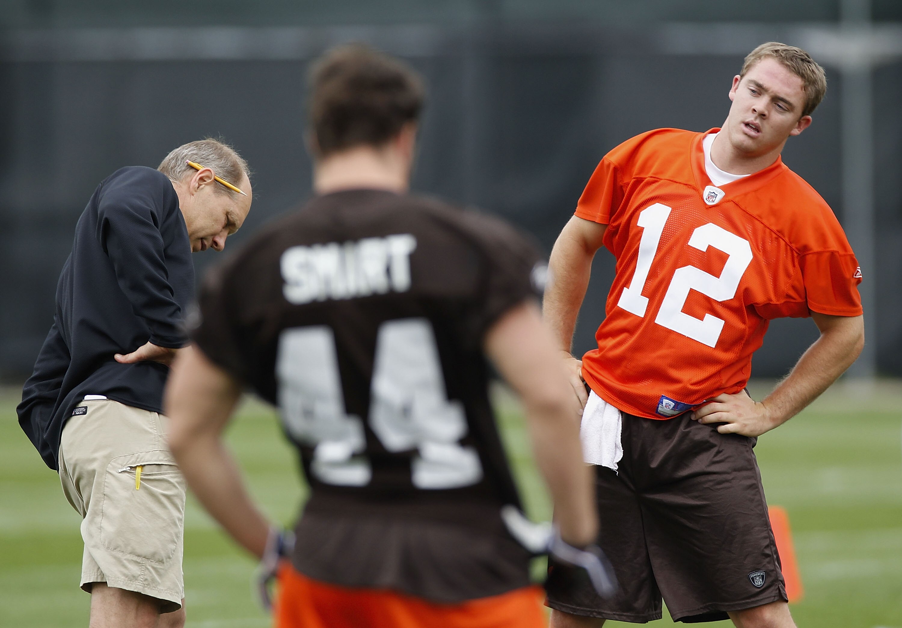 BEREA, OH - MAY 01:  Colt McCoy #12 of the Cleveland Browns stretches during rookie mini camp at the Cleveland Browns Training and Administrative Complex on May 1, 2010 in Berea, Ohio.  (Photo by Gregory Shamus/Getty Images)