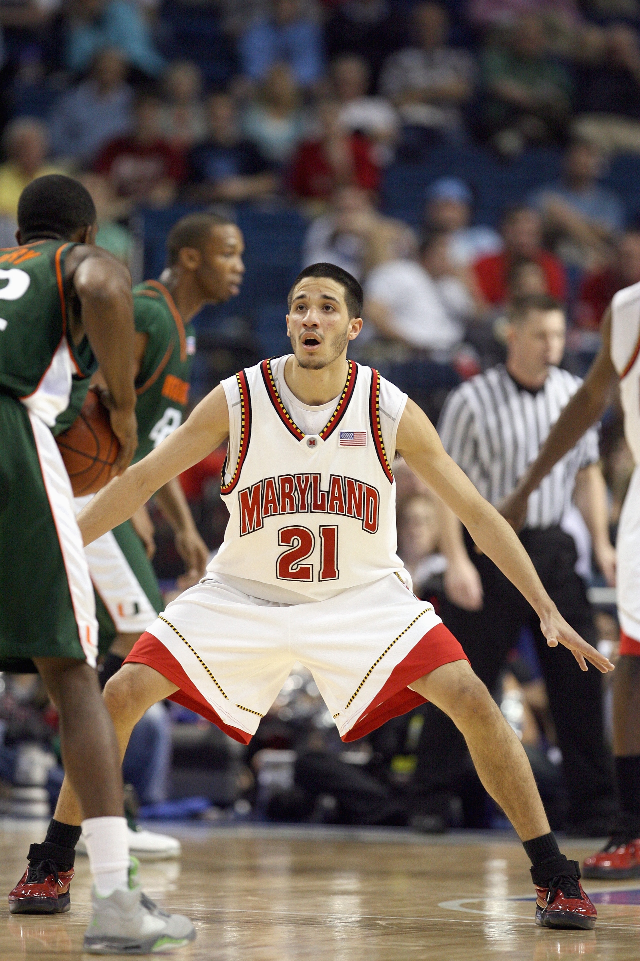 TAMPA, FL - MARCH 8: Greivis Vasquez #21 of the Maryland Terrapins guards his player against the Miami Hurricanes in the opening round of the ACC Men's Basketball Tournament at the St. Pete Times Forum on March 8, 2007 in Tampa, Florida. (Photo by Doug Be TAMPA, FL - MARCH 8: Greivis Vasquez #21 of the Maryland Terrapins guards his player against the Miami Hurricanes in the opening round of the ACC Men's Basketball Tournament at the St. Pete Times Forum on March 8, 2007 in Tampa, Florida. (Photo by Doug Be