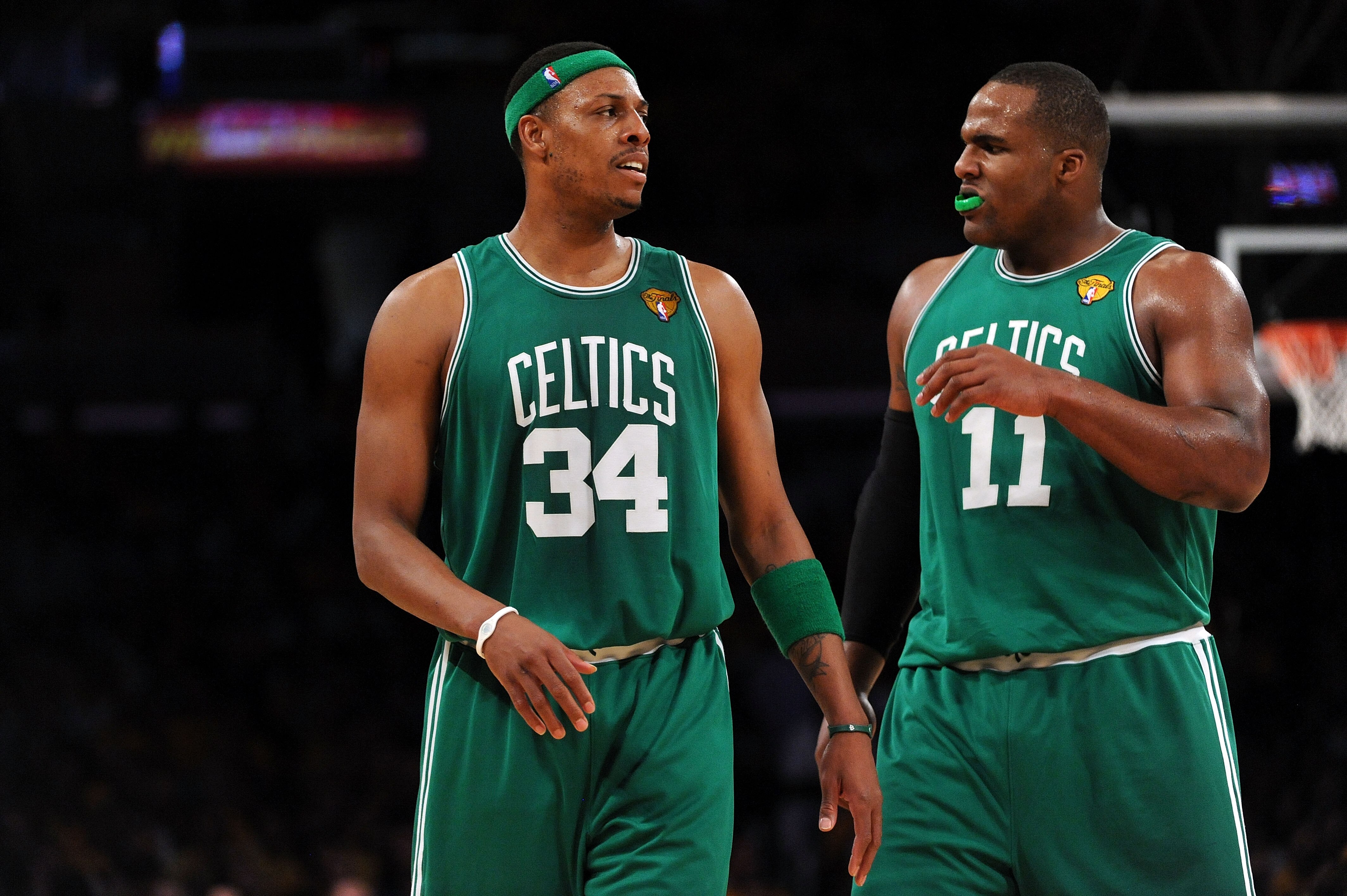 LOS ANGELES, CA - JUNE 03:  (L-R) Paul Pierce #34 and Glen Davis #11 of the Boston Celtics talk on court against the Los Angeles Lakers in Game One of the 2010 NBA Finals at Staples Center on June 3, 2010 in Los Angeles, California.  NOTE TO USER: User ex