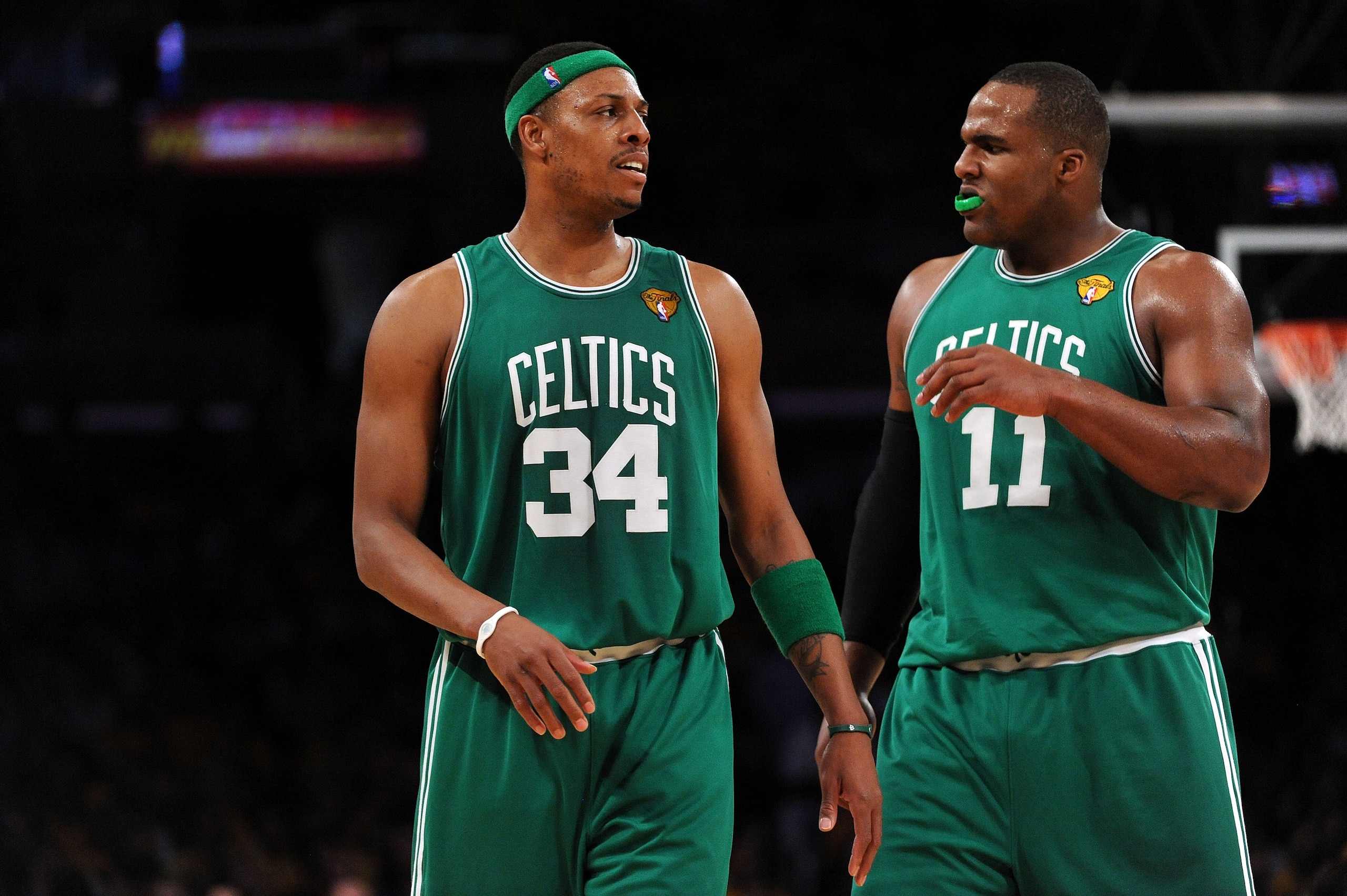 LOS ANGELES, CA - JUNE 03: (L-R) Paul Pierce #34 and Glen Davis #11 of the Boston Celtics talk on court against the Los Angeles Lakers in Game One of the 2010 NBA Finals at Staples Center on June 3, 2010 in Los Angeles, California. NOTE TO USER: User ex LOS ANGELES, CA - JUNE 03: (L-R) Paul Pierce #34 and Glen Davis #11 of the Boston Celtics talk on court against the Los Angeles Lakers in Game One of the 2010 NBA Finals at Staples Center on June 3, 2010 in Los Angeles, California. NOTE TO USER: User ex
