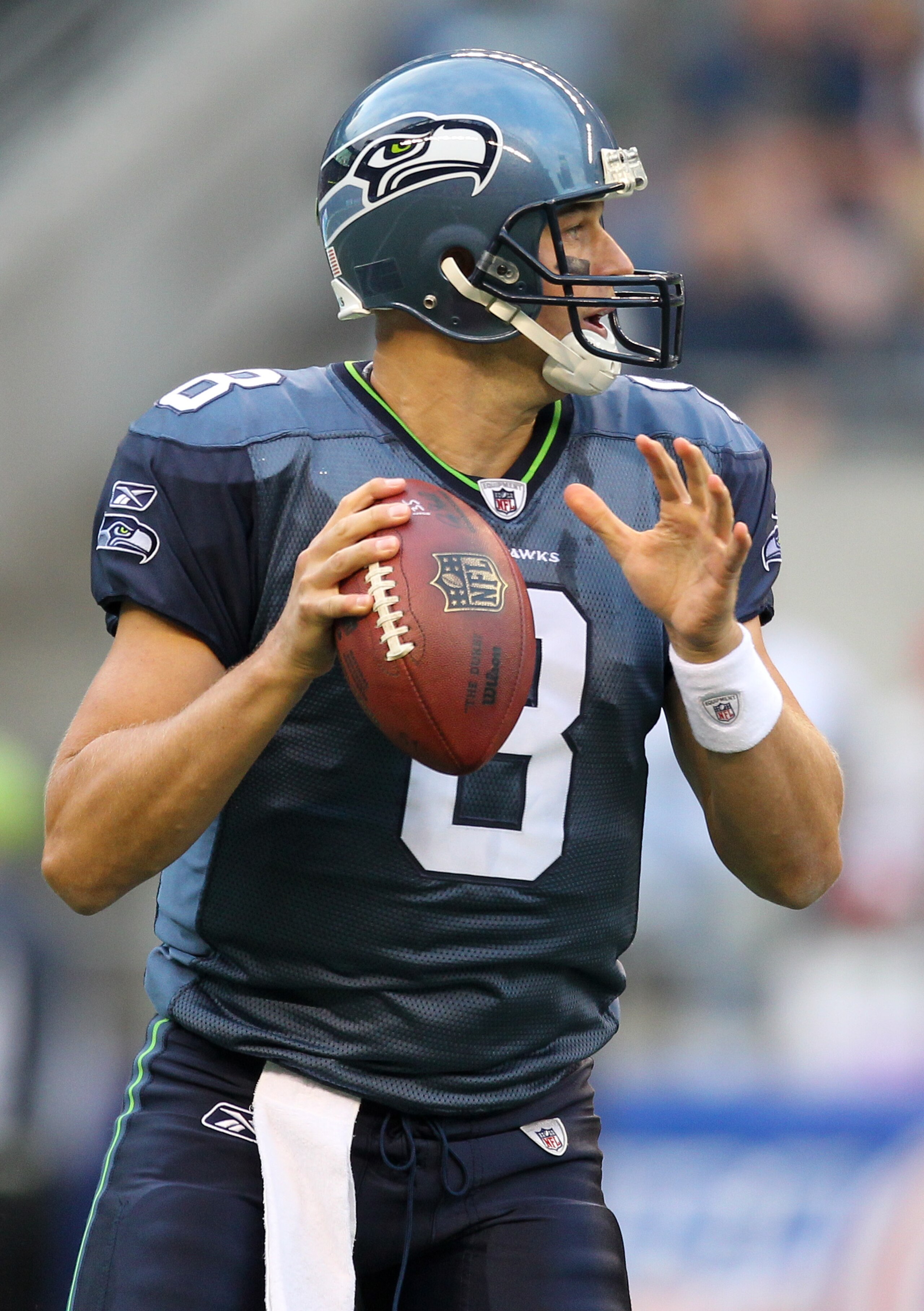 SEATTLE - AUGUST 21: Quarterback Matt Hasselbeck #8 of the Seattle Seahawks passes during the preseason game against the Green Bay Packers at Qwest Field on August 21, 2010 in Seattle, Washington. (Photo by Otto Greule Jr/Getty Images) SEATTLE - AUGUST 21: Quarterback Matt Hasselbeck #8 of the Seattle Seahawks passes during the preseason game against the Green Bay Packers at Qwest Field on August 21, 2010 in Seattle, Washington. (Photo by Otto Greule Jr/Getty Images)