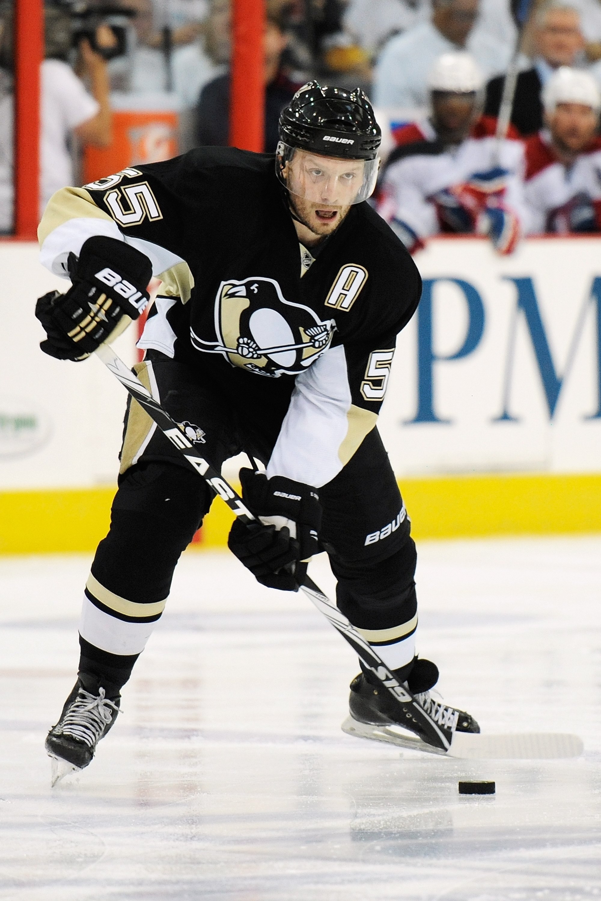 PITTSBURGH - APRIL 30:  Sergei Gonchar #55 of the Pittsburgh Penguins passes the puck against the Montreal Canadiens in Game One of the Eastern Conference Semifinals during the 2010 NHL Stanley Cup Playoffs on April 30, 2010 at Mellon Arena in Pittsburgh,