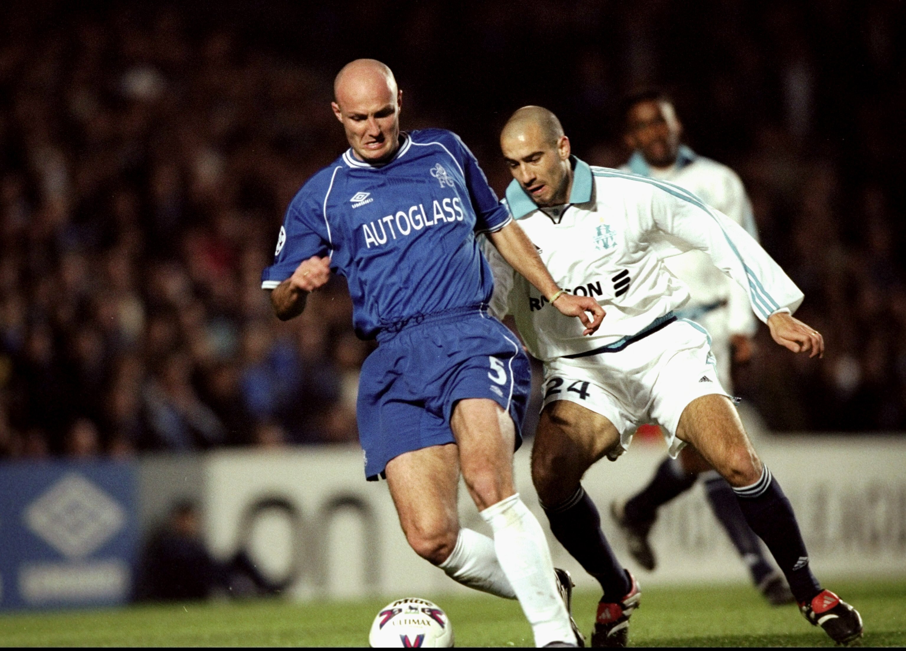 8 Mar 2000:  Frank Leboeuf of Chelsea holds off Yannick Fischer of Marseille during the UEFA Champions League group D match at Stamford Bridge in London. Chelsea won 1-0. \ Mandatory Credit: Graham Chadwick /Allsport