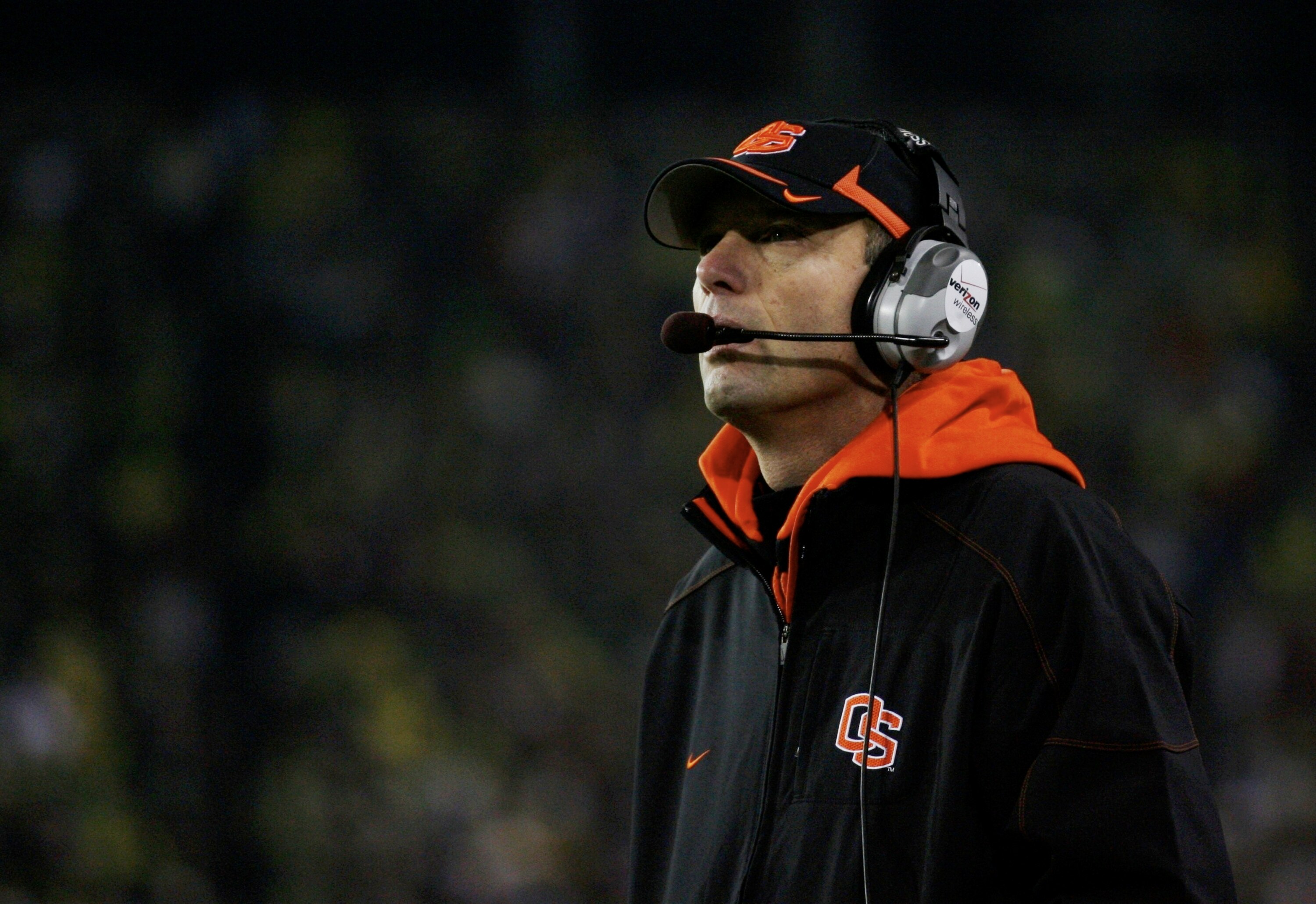 EUGENE,OR - DECEMBER 03:  Head coach Mike Riley of the Oregon State Beavers watches play against the Oregon Ducks at Autzen Stadium on December 3, 2009 in Eugene, Oregon.  (Photo by Tom Hauck/Getty Images)