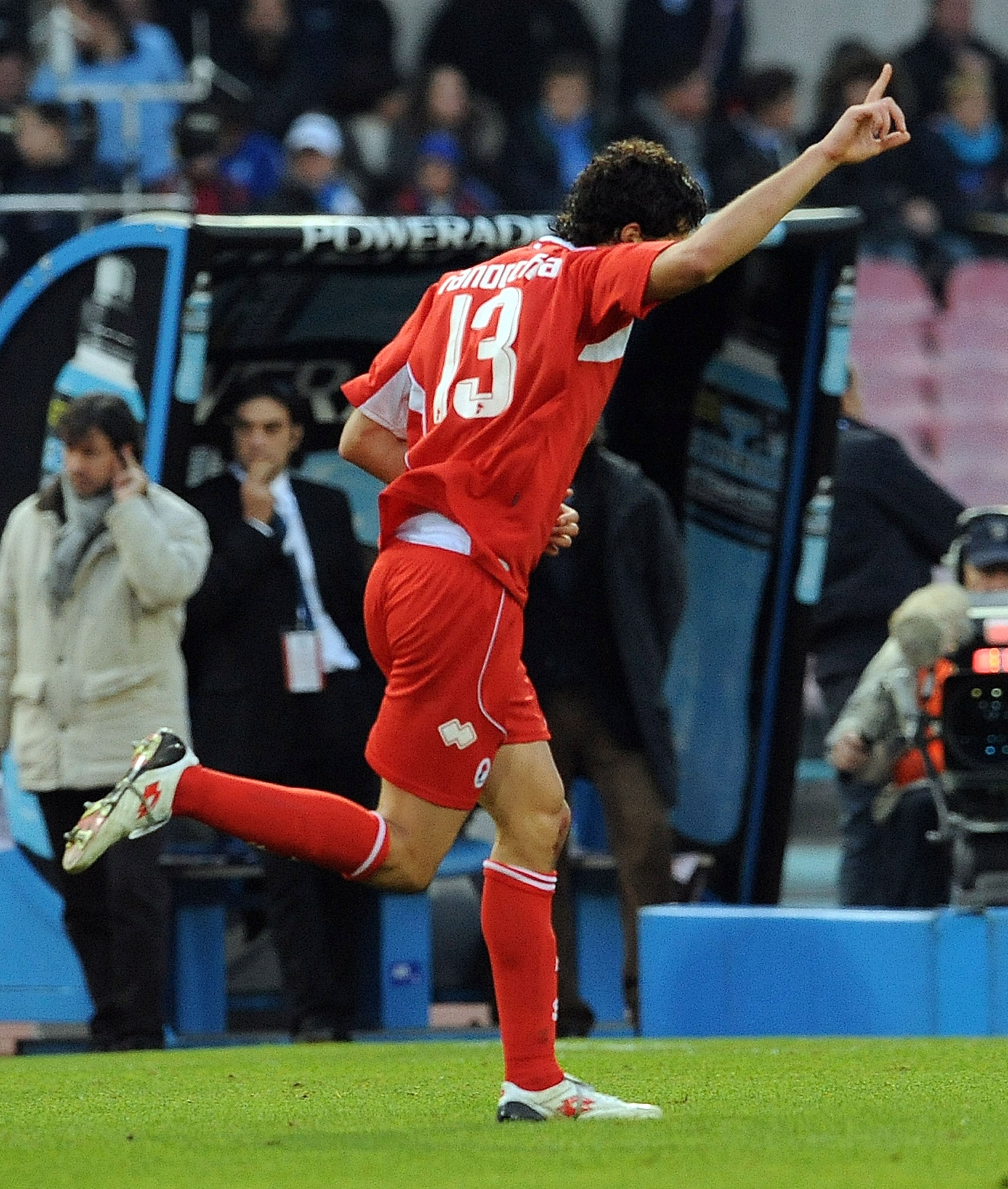 NAPLES, ITALY - DECEMBER 06:  Andrea Ranocchia of AS Bari celebrates after scoring their second goal during the Serie A match between SSC Napoli and AS Bari at Stadio San Paolo on December 6, 2009 in Naples, Italy.  (Photo by Giuseppe Bellini/Getty Images
